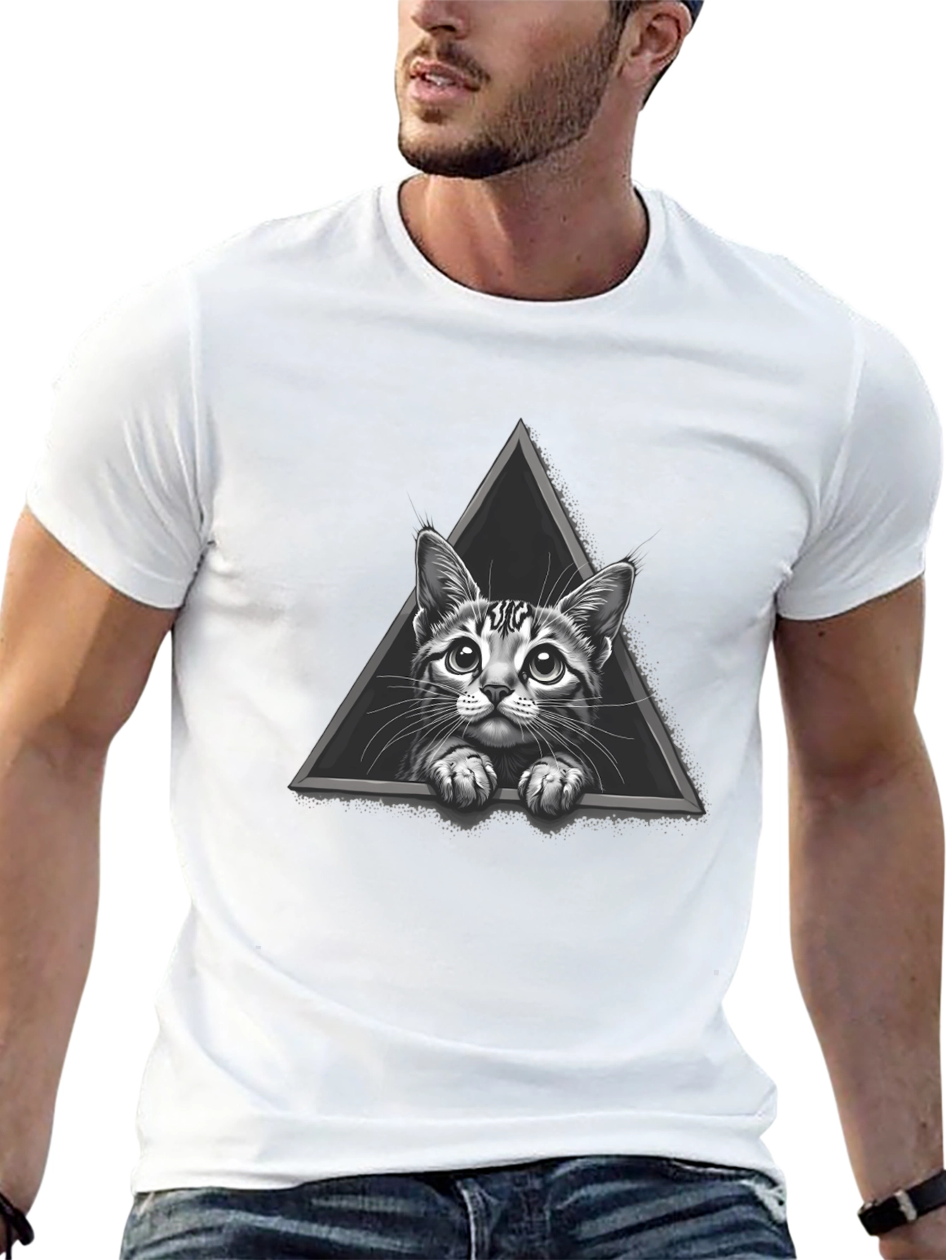 Cat Triangle Graphic Tee - Black Cotton T-Shirt