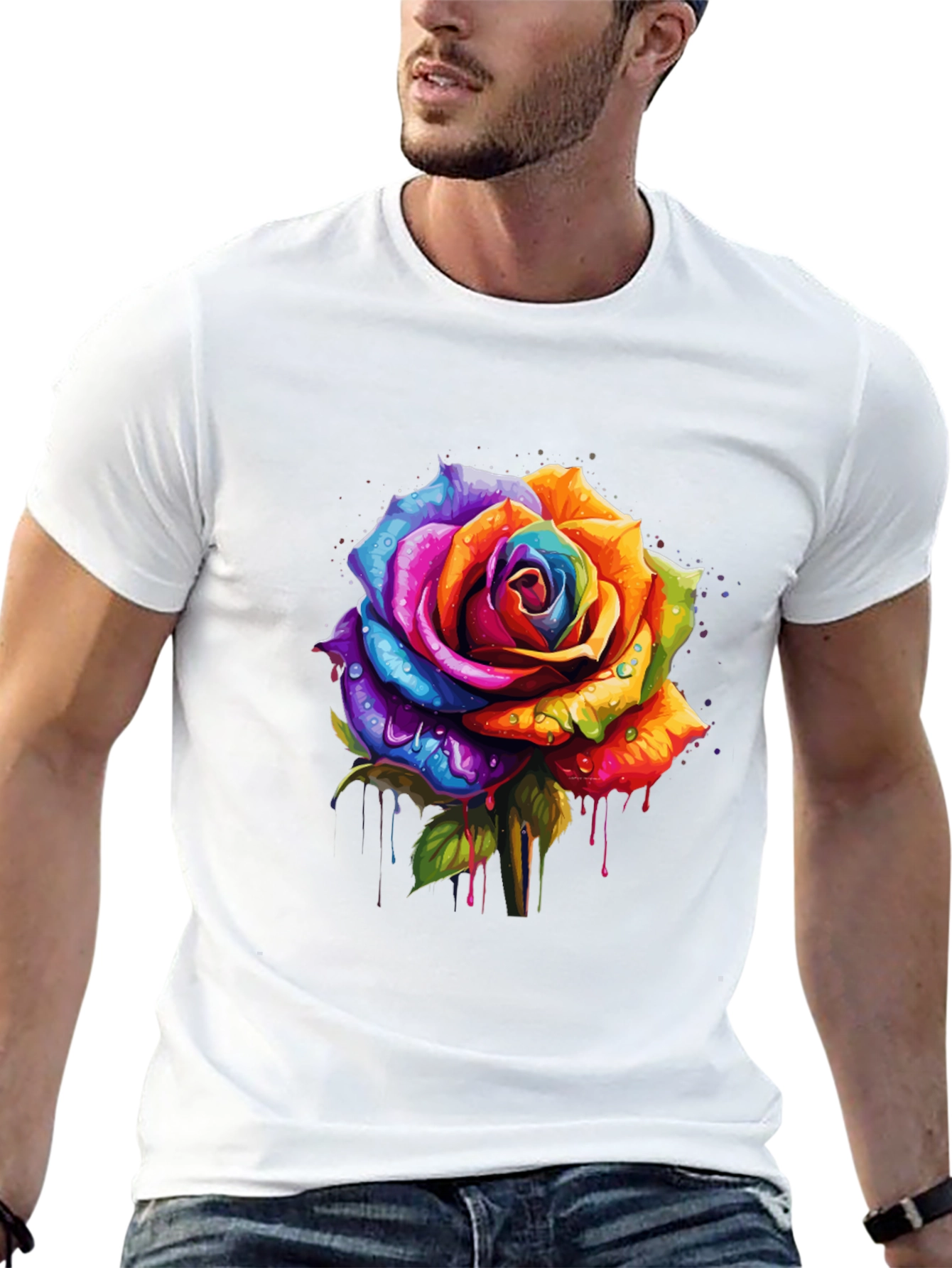 Rainbow Rose Graphic Tee - Vibrant Floral Design