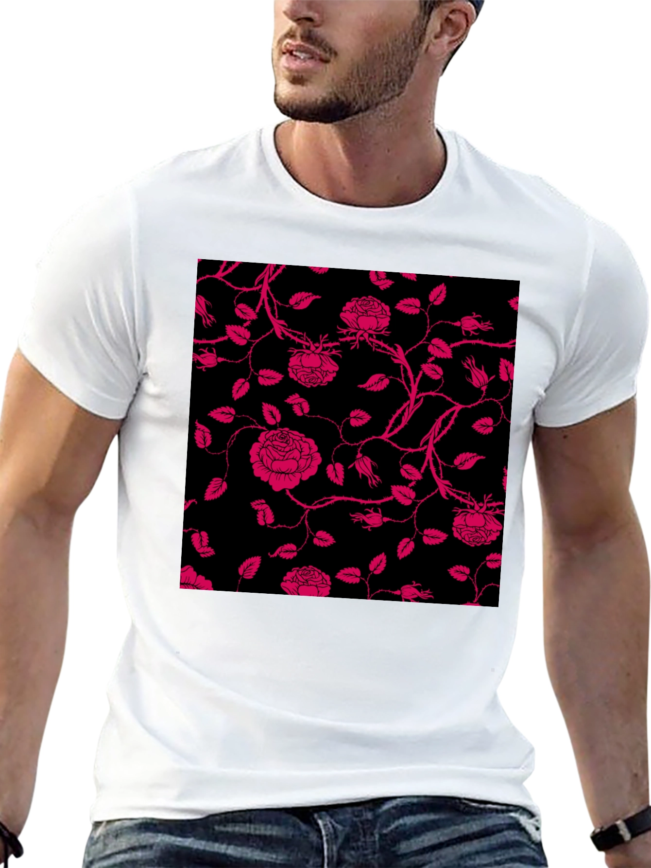 Floral Rose Print T-Shirt - Black