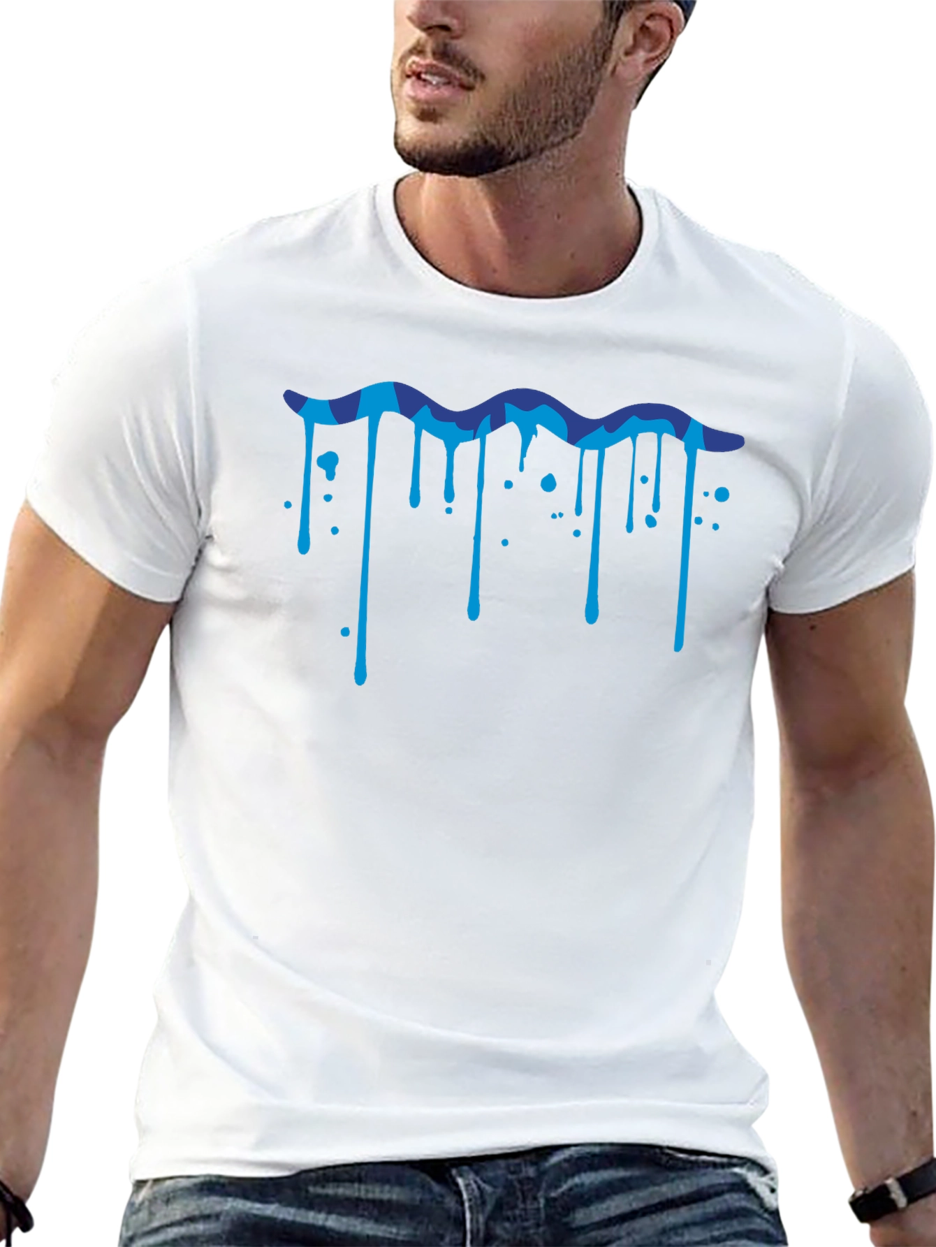 Stylish Black Tee with Blue Wave Drip Design