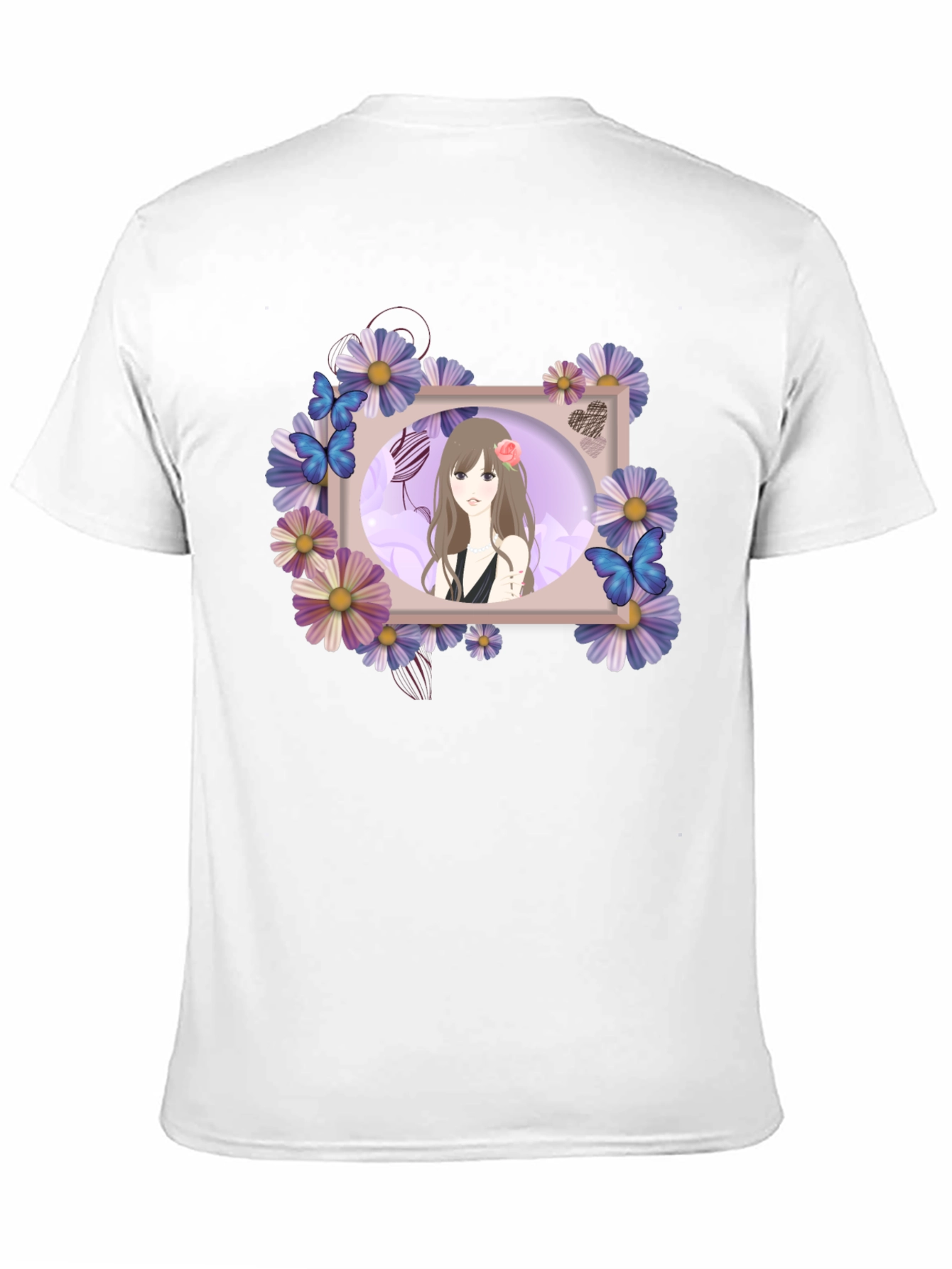 Anime Girl Floral Frame Black T-Shirt