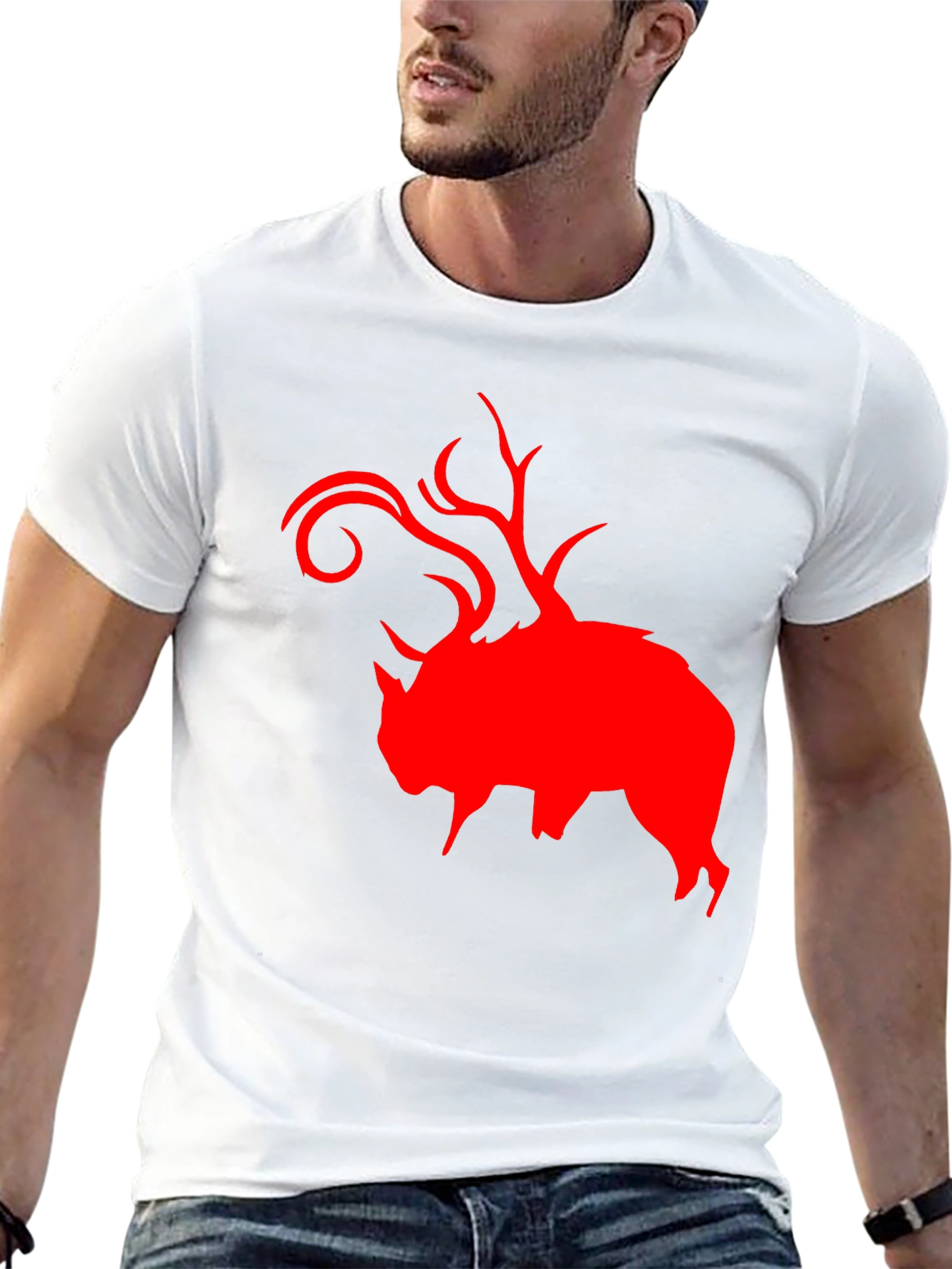 Red Buffalo Deer Head Graphic Black T-Shirt