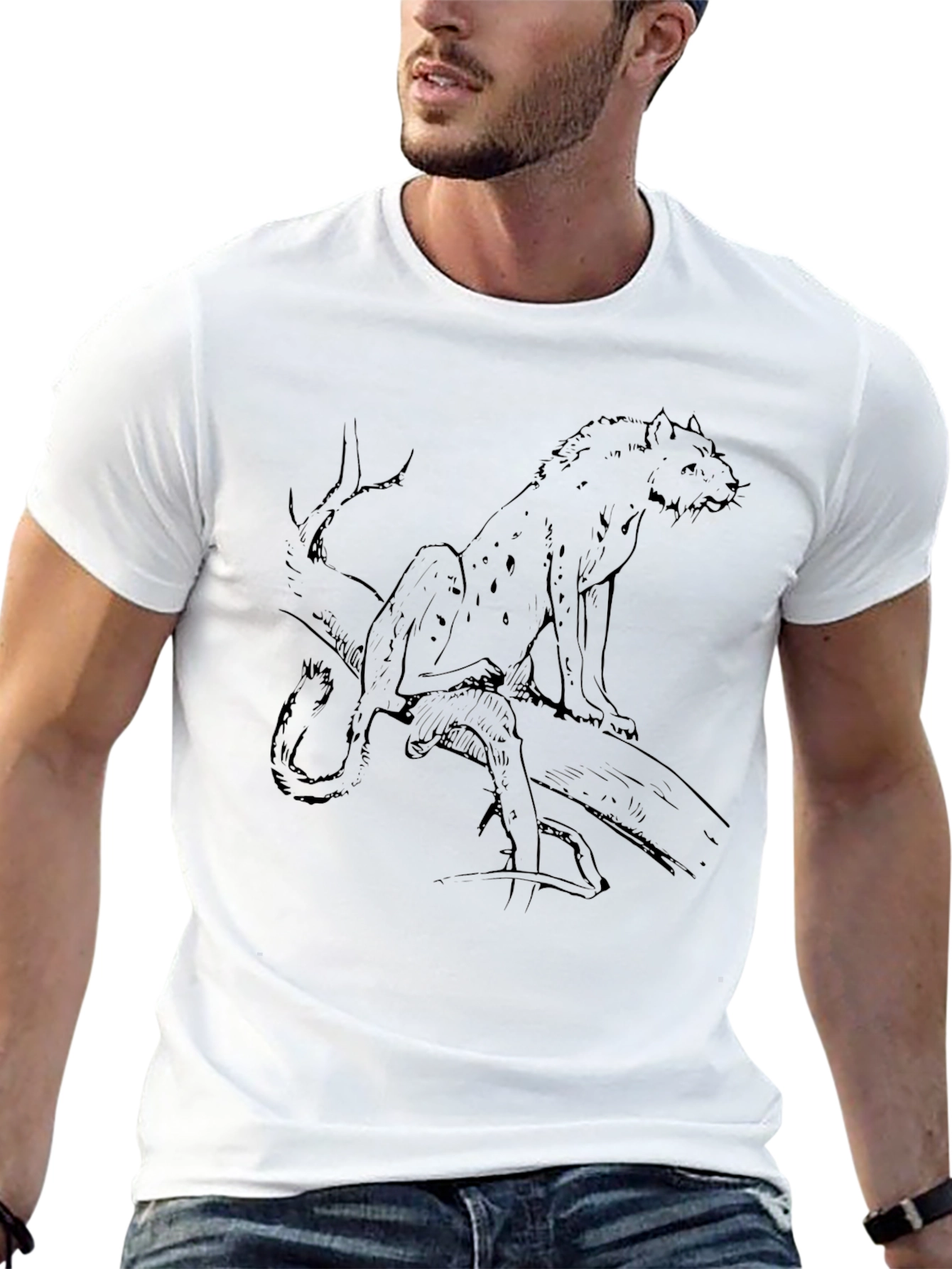 Mens Black T-Shirt with Leopard Sketch Graphic
