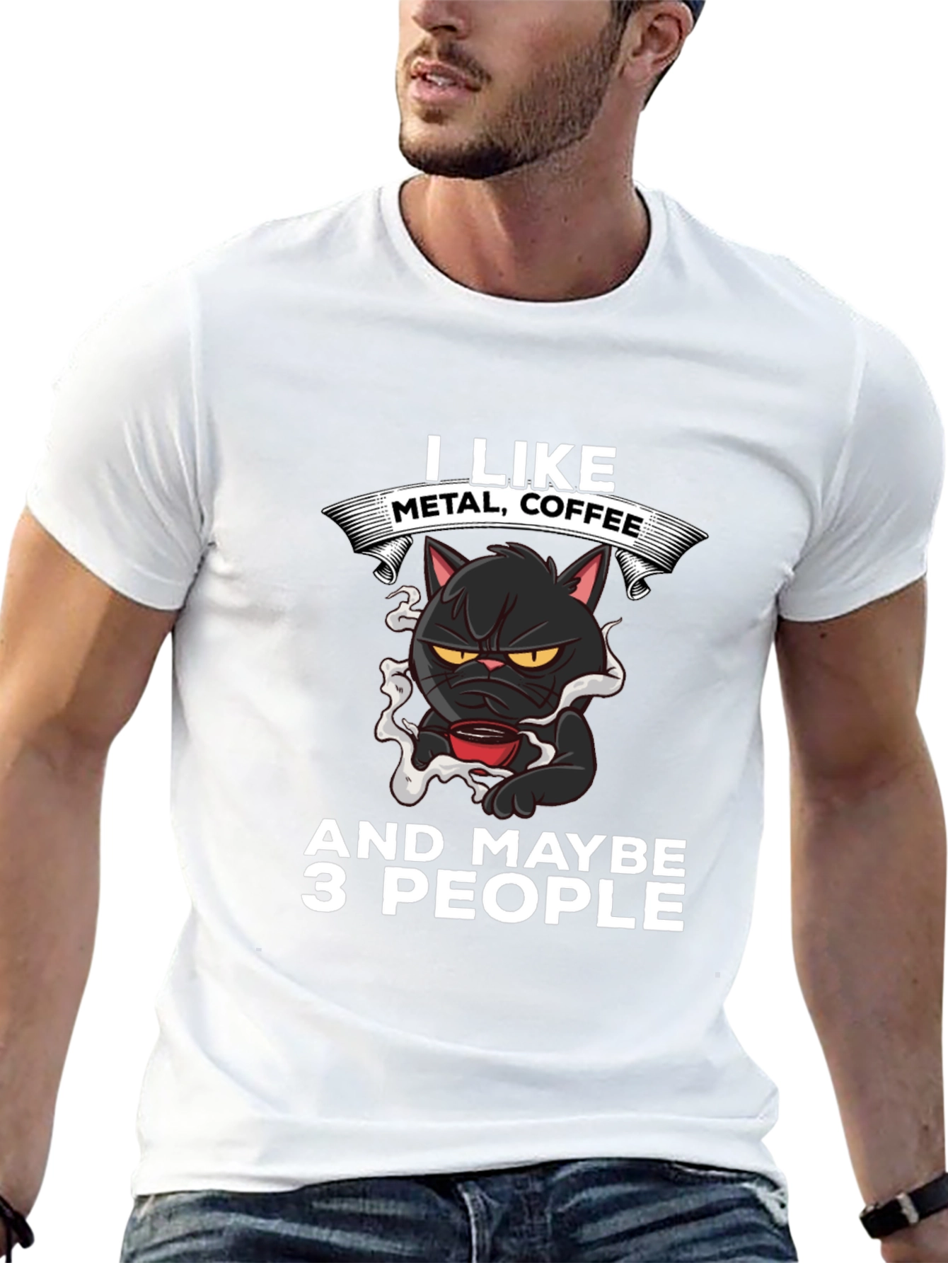 Metal Coffee Cat Graphic T-Shirt