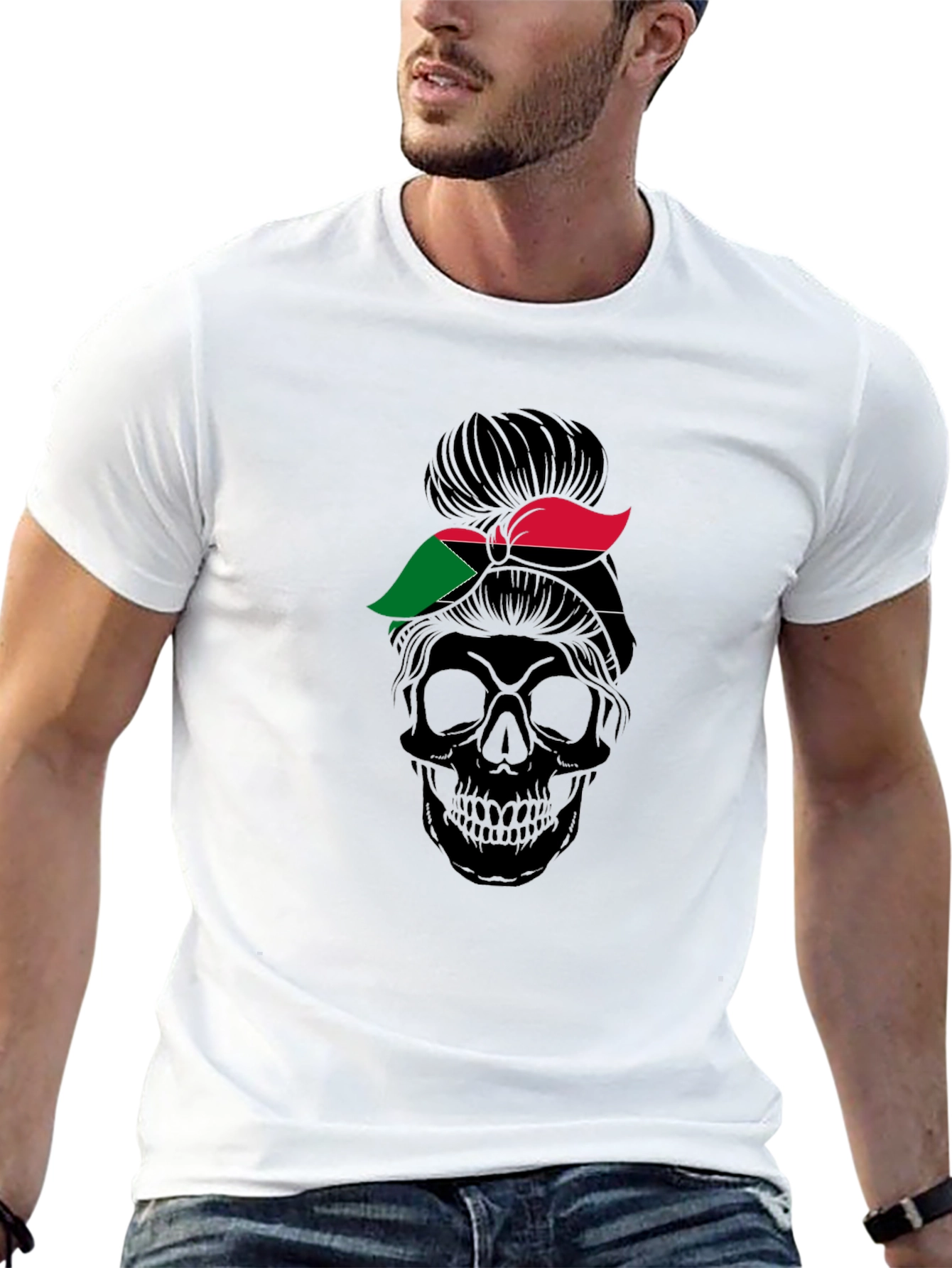 Sudan Flag Messy Bun Skull T-Shirt