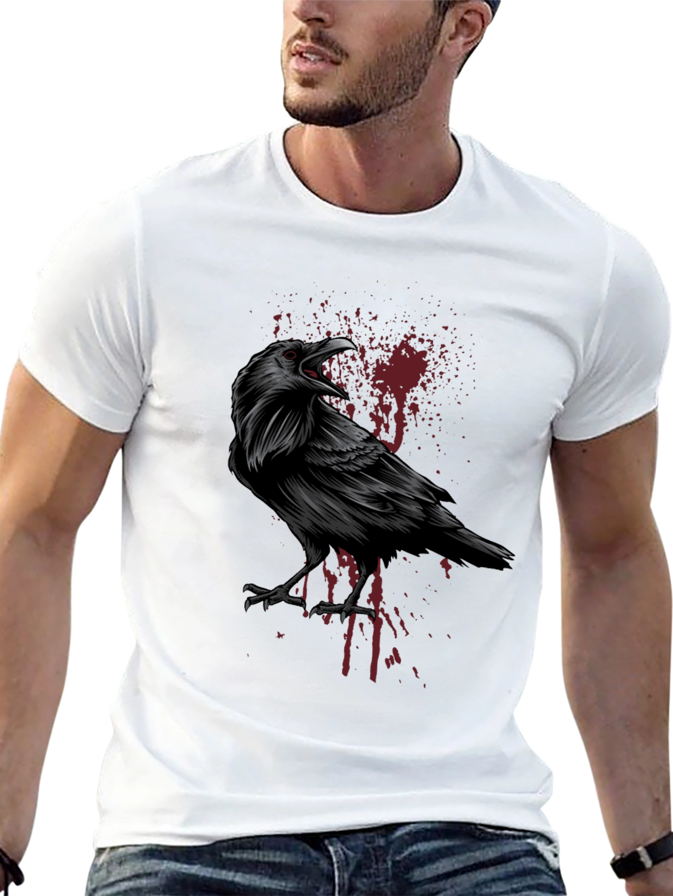 Raven Graphic Print Tee - Black Gothic Style