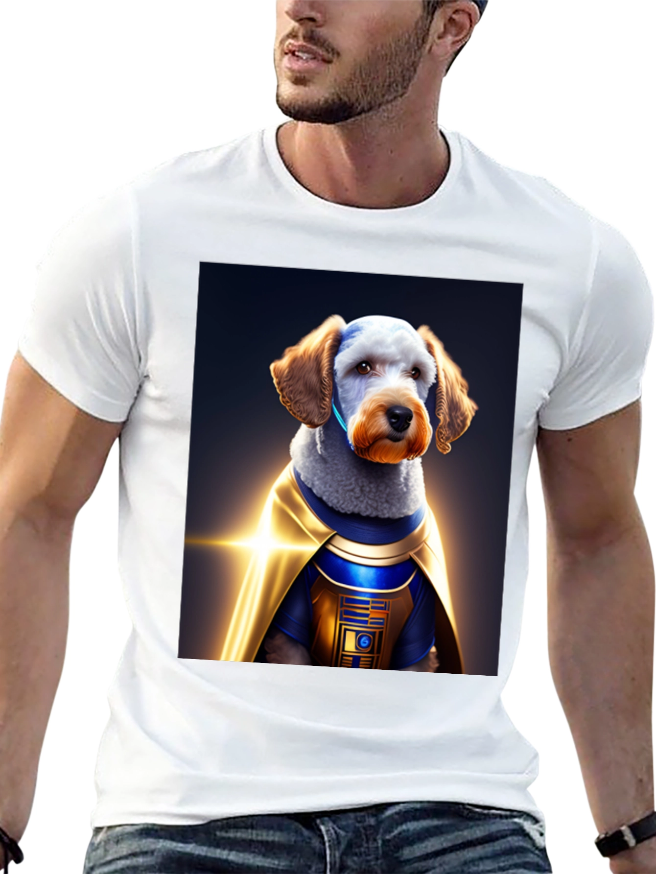 Dog Dressed as R2-D2 on Black T-Shirt