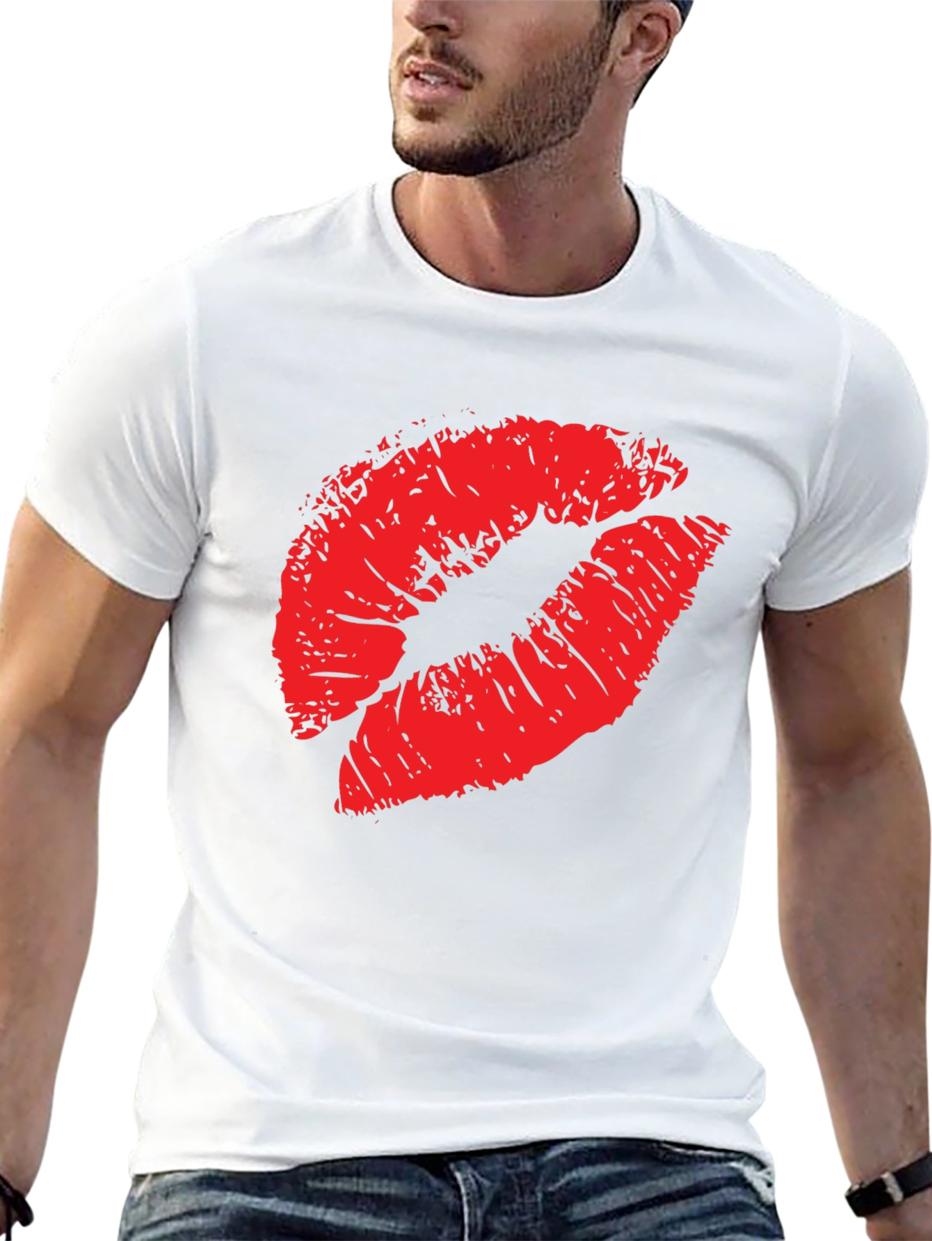 Red Lips Print Black T-Shirt