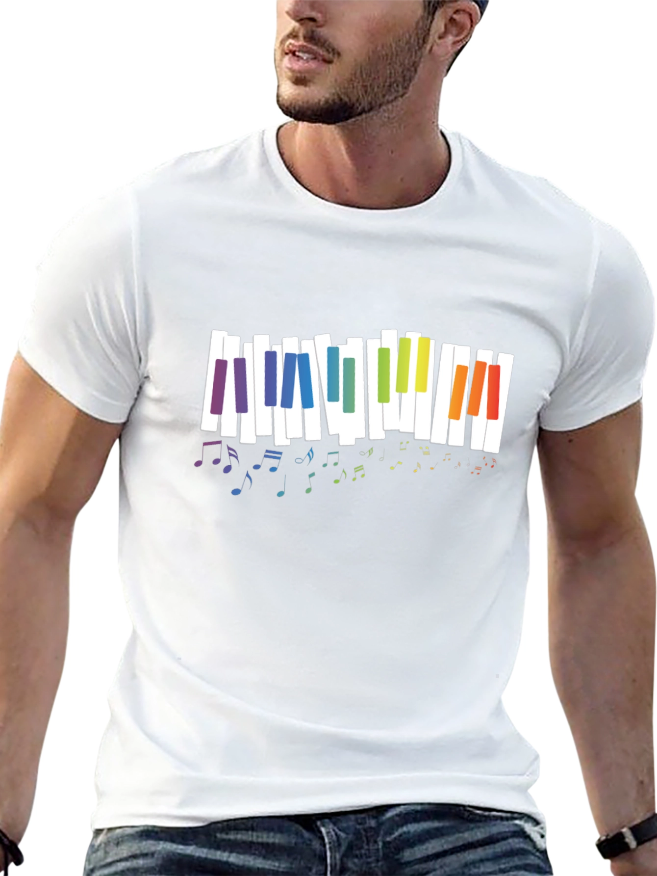 Rainbow Piano Keys Music Notes Black T-Shirt