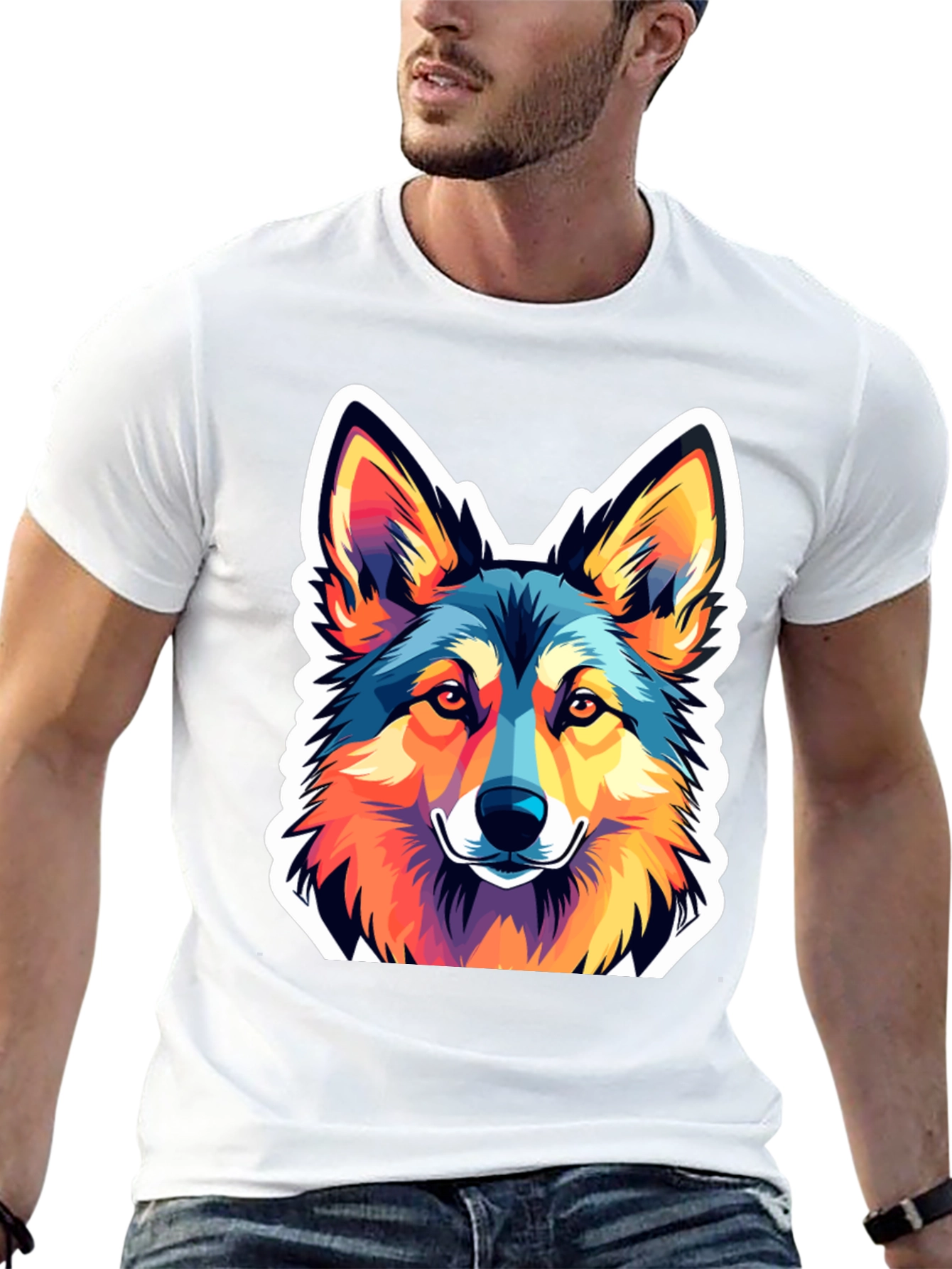 Vibrant Wolf Graphic Tee - Stylish Mens Black T-Shirt