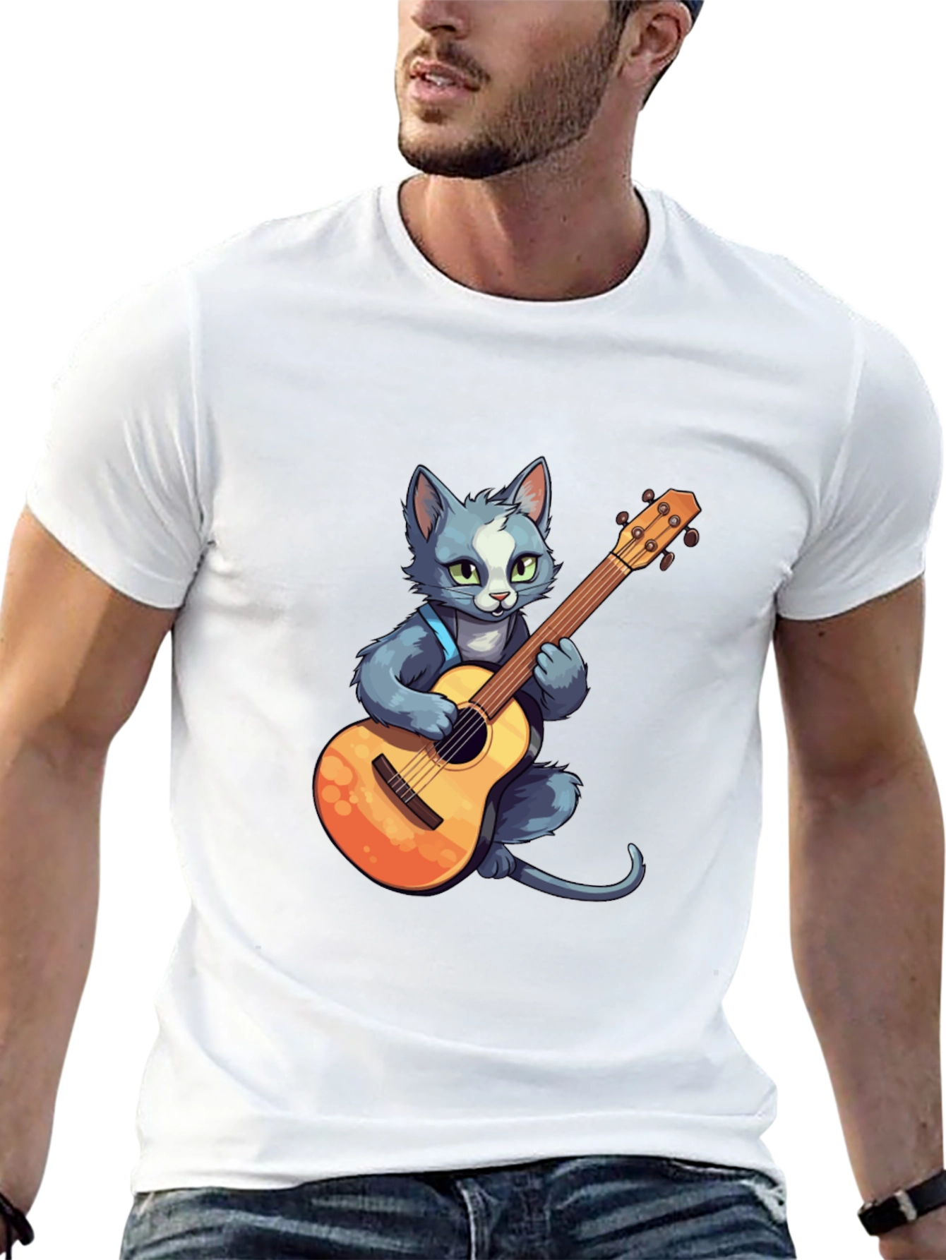 Cat Guitarist T-Shirt - Black Cotton Tee