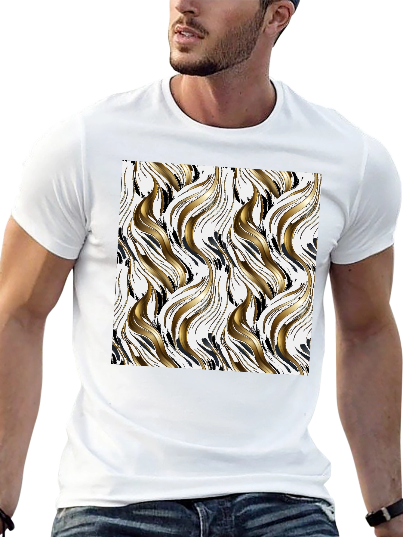 Stylish Black Tee with Abstract Gold & Black Pattern