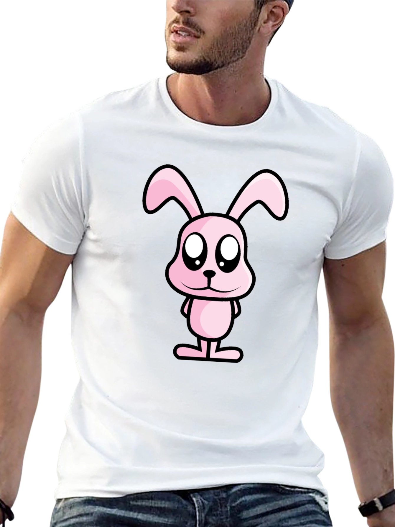 Pink Bunny Graphic Tee - Black Cotton Casual Shirt