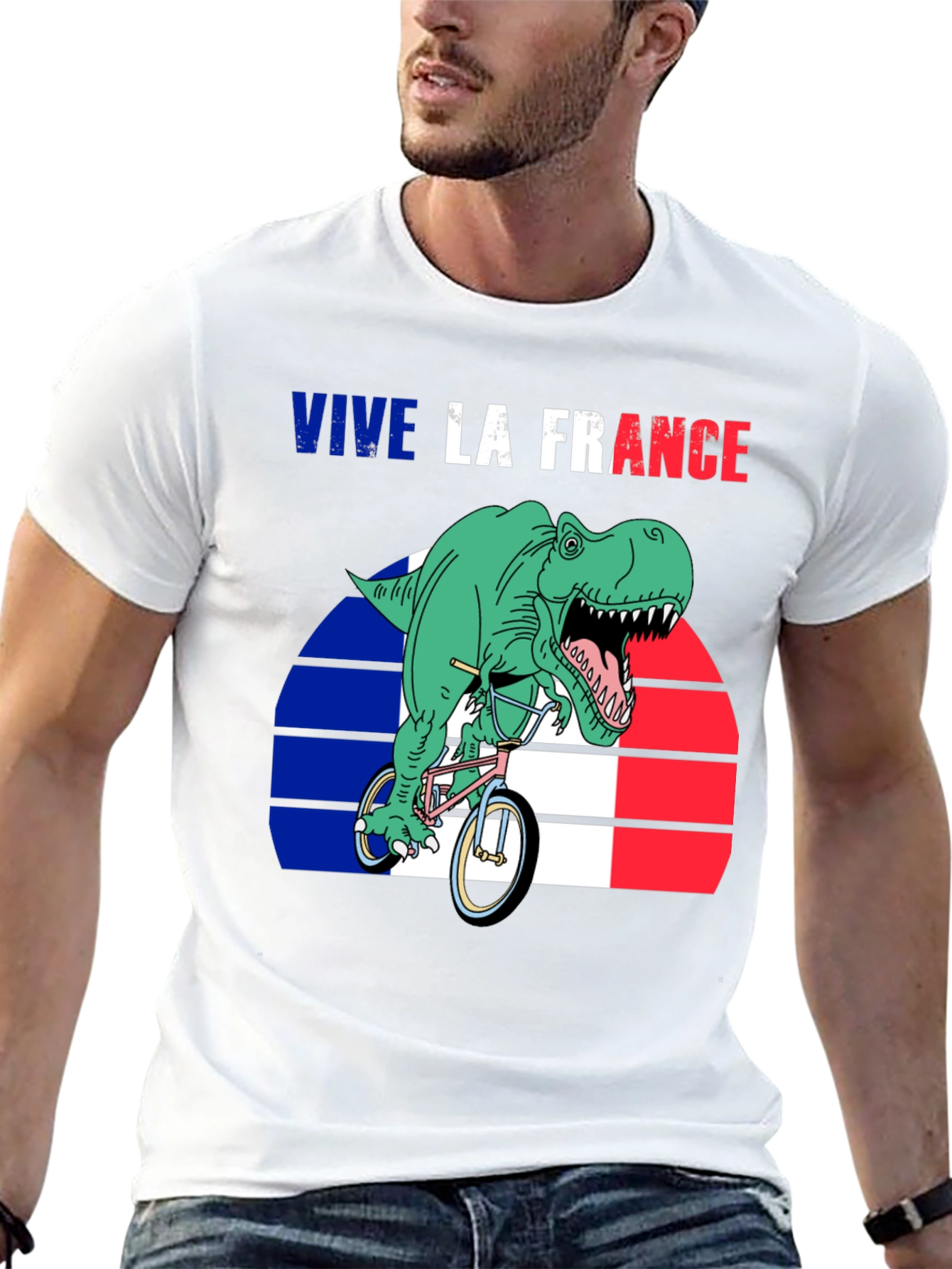 Vive la France Dinosaur T-Rex Bike French Flag Tee