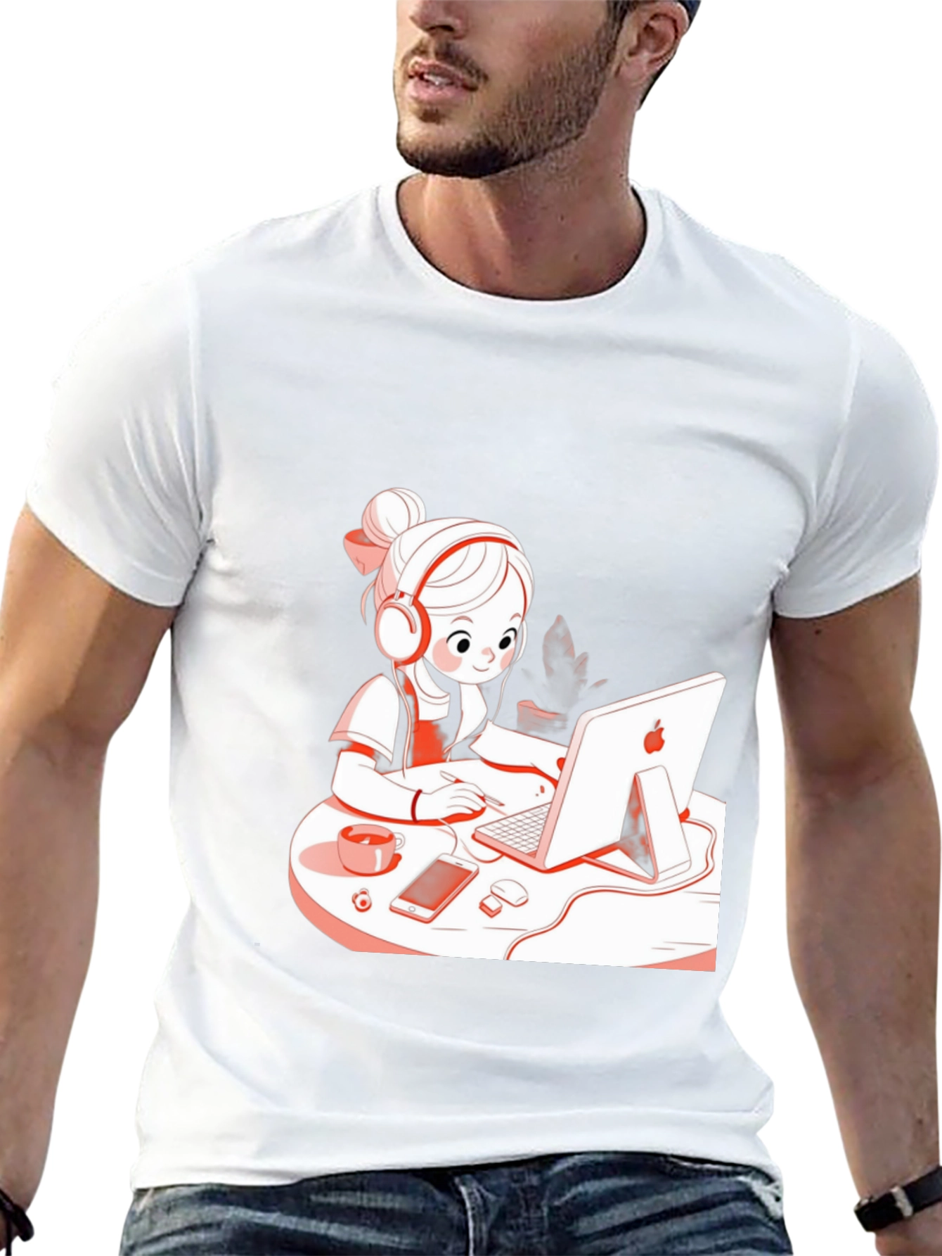 Stylish Black T-Shirt with Cute Girl at Computer Graphic