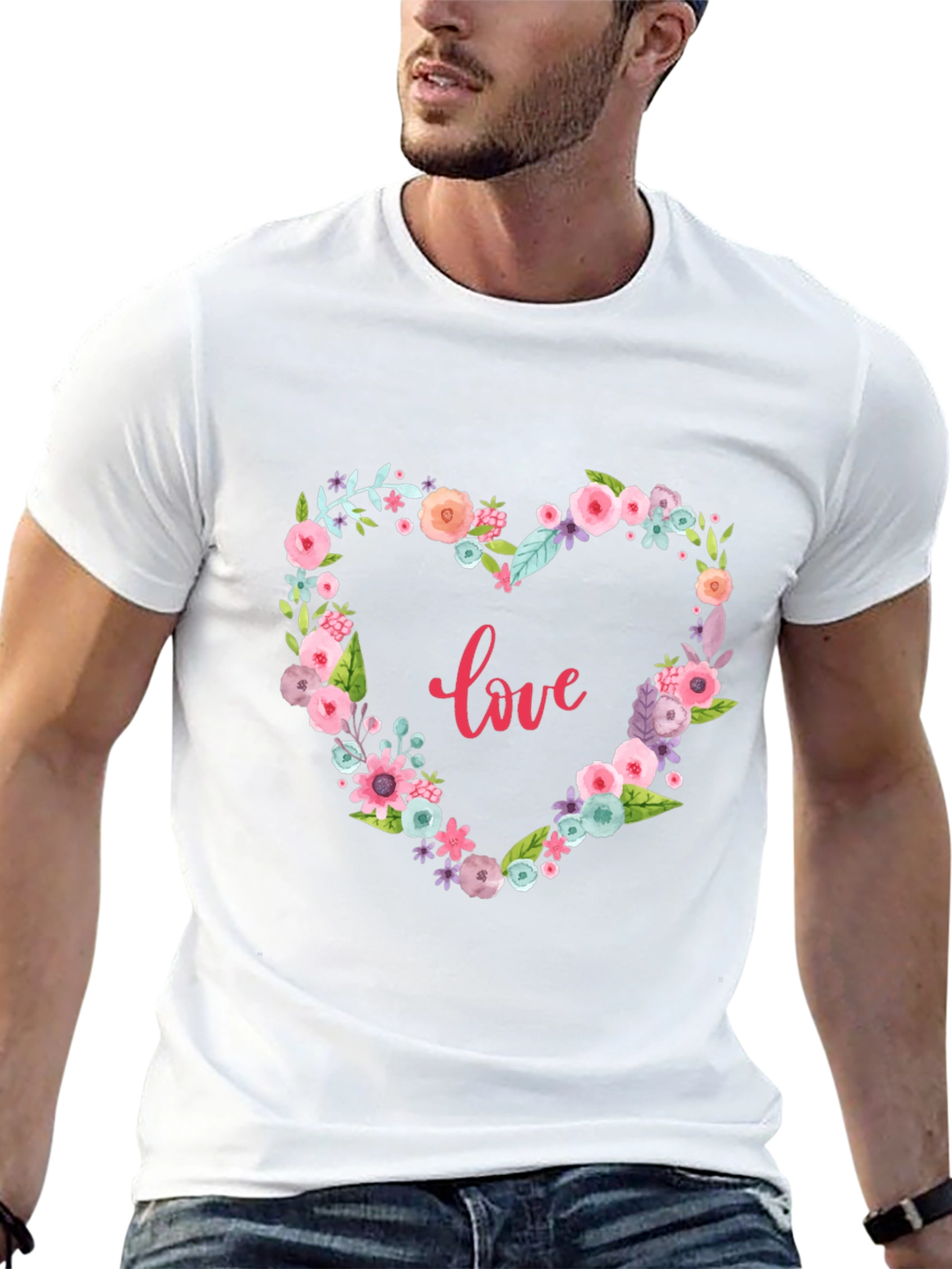 Floral Heart Love Graphic Black T-Shirt