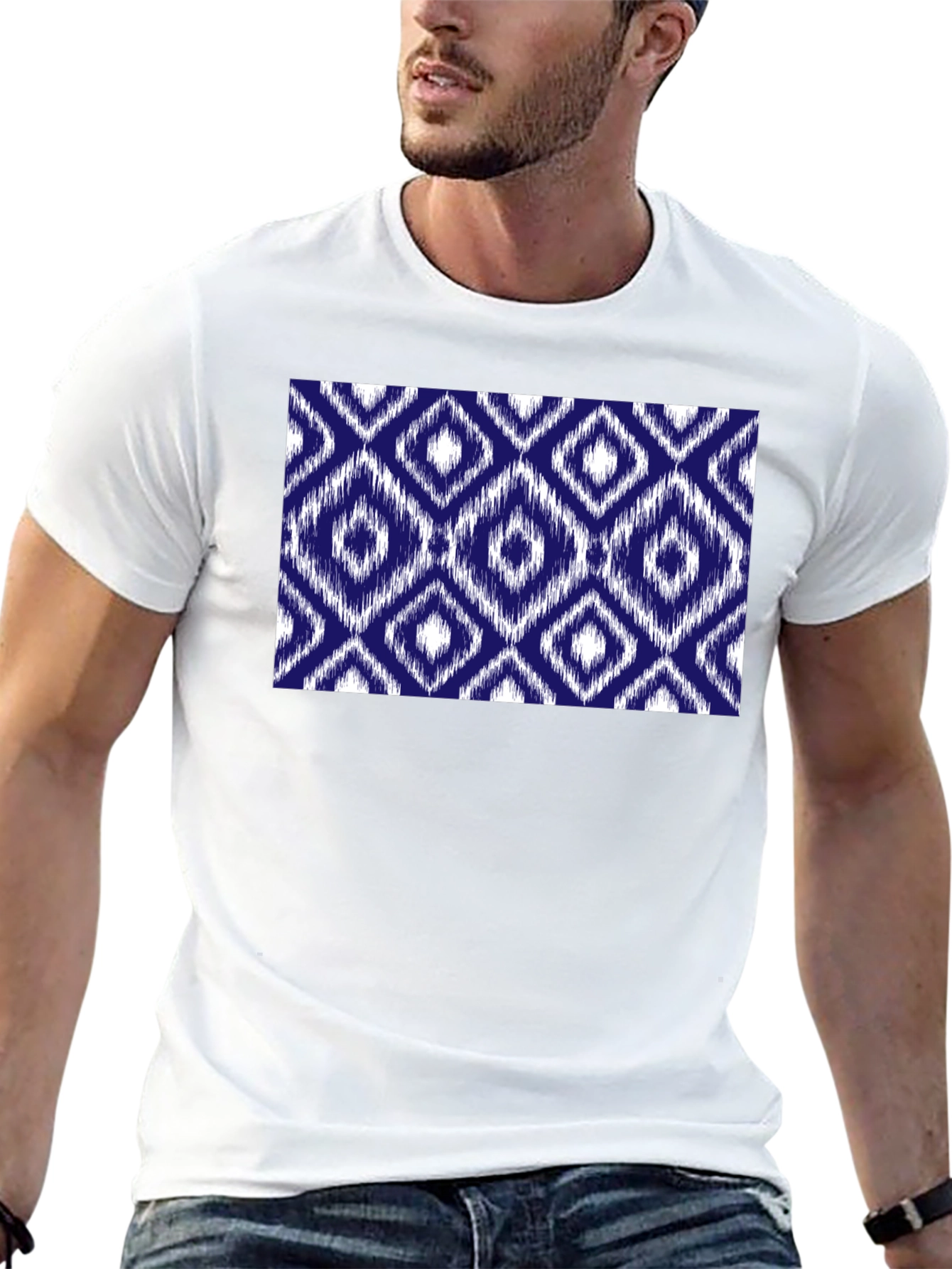 Stylish Black Tee with Blue Diamond Pattern
