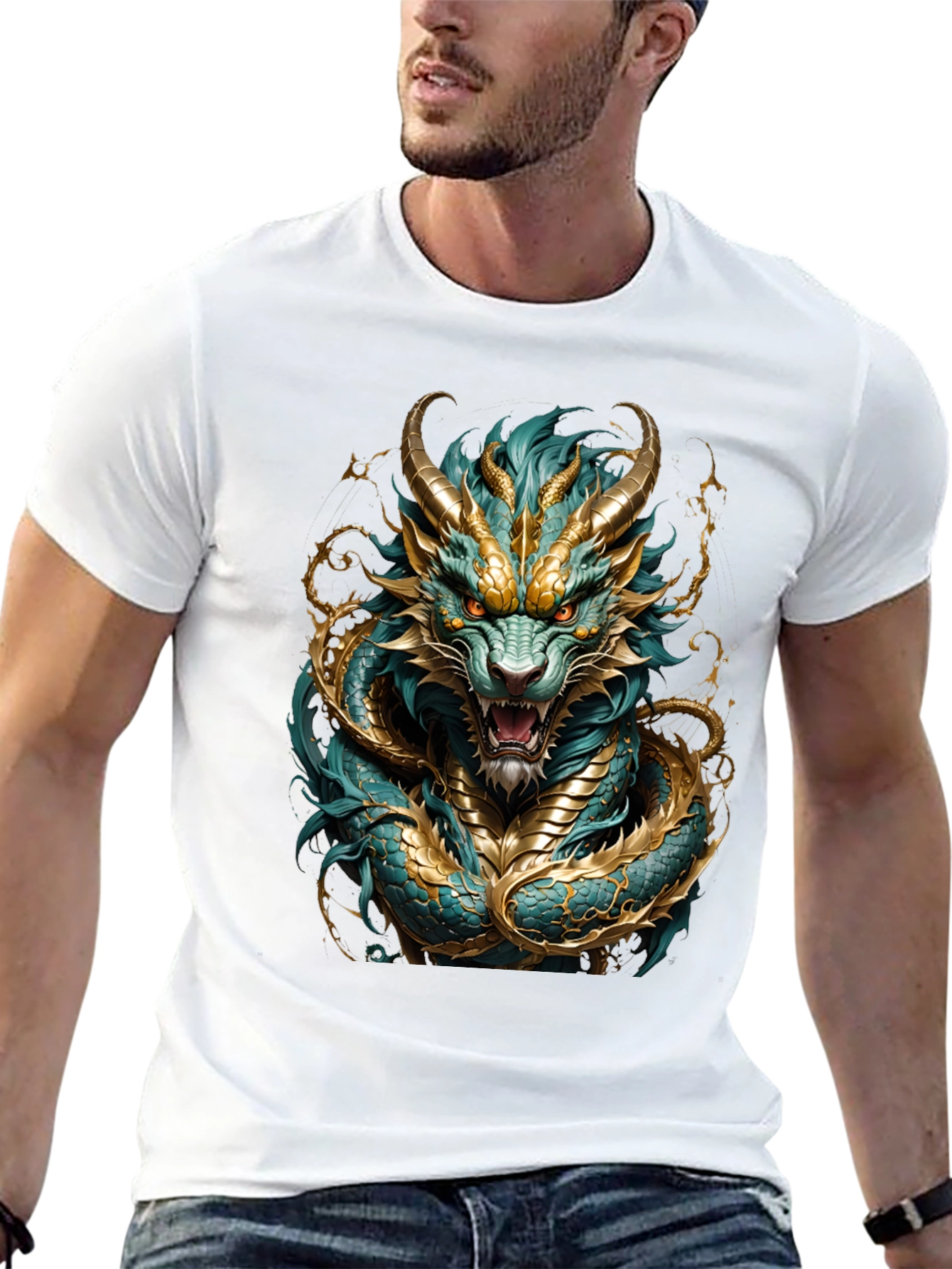 Dragon T-Shirt - Turquoise and Gold Graphic Tee