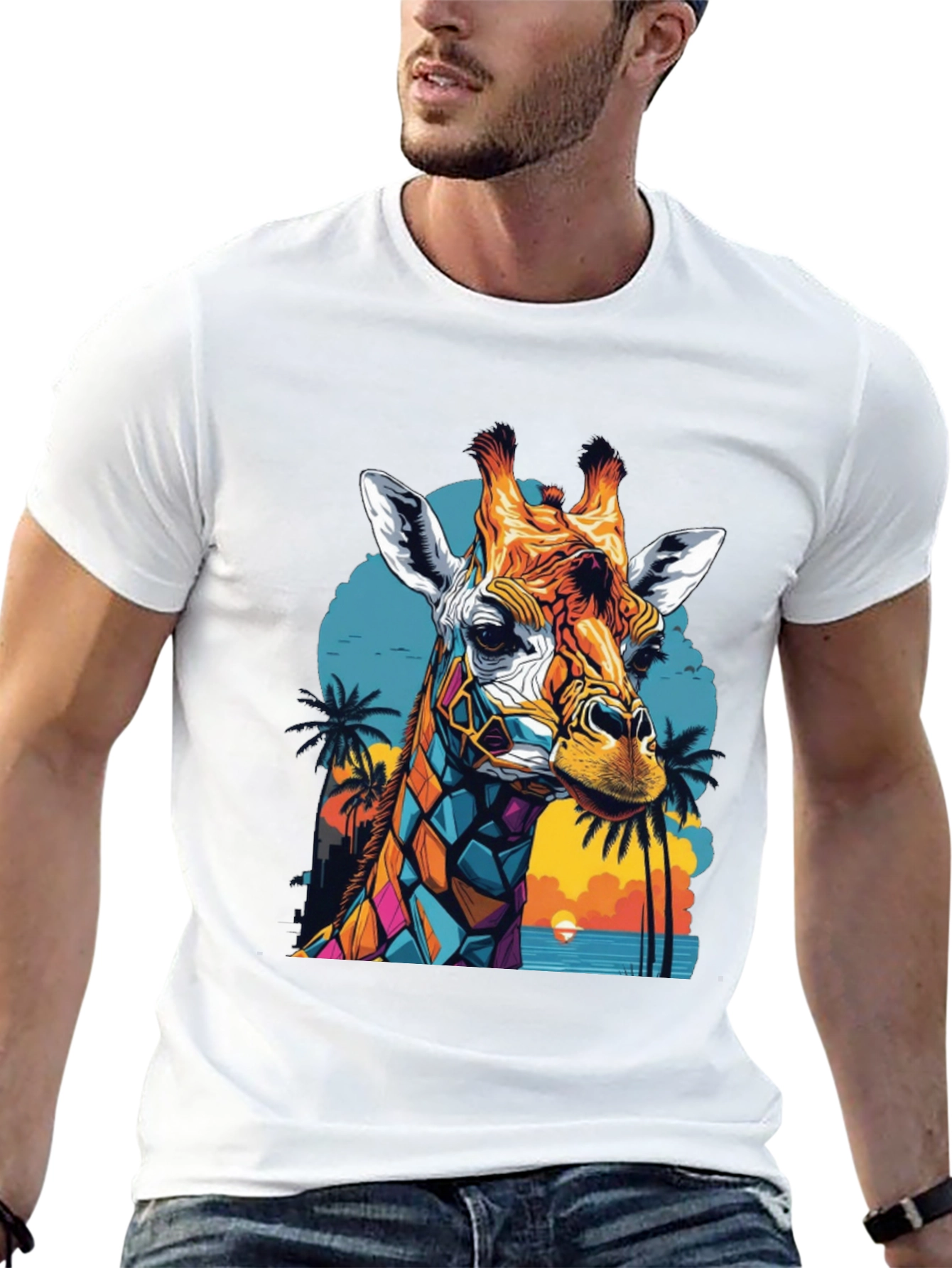 Geometric Giraffe Graphic Tee - Tropical Sunset Design