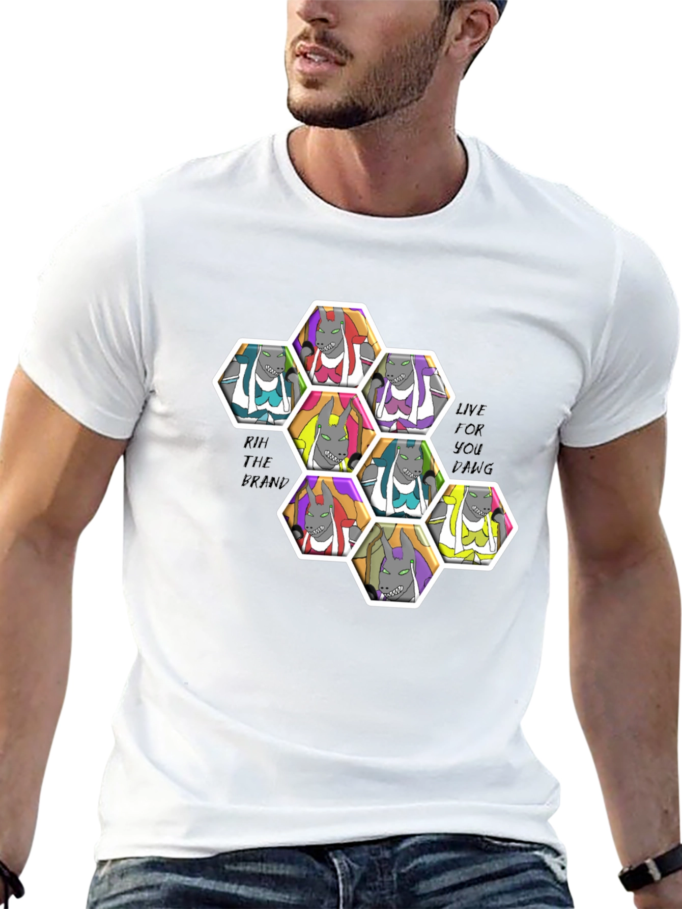 Unique Cartoon Character Hexagon Pattern Black T-Shirt