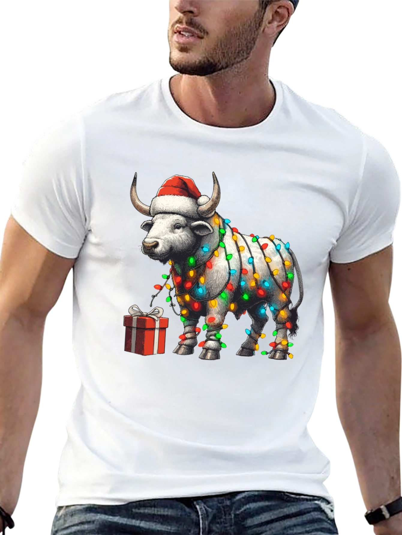 Festive Bull Christmas Lights T-Shirt
