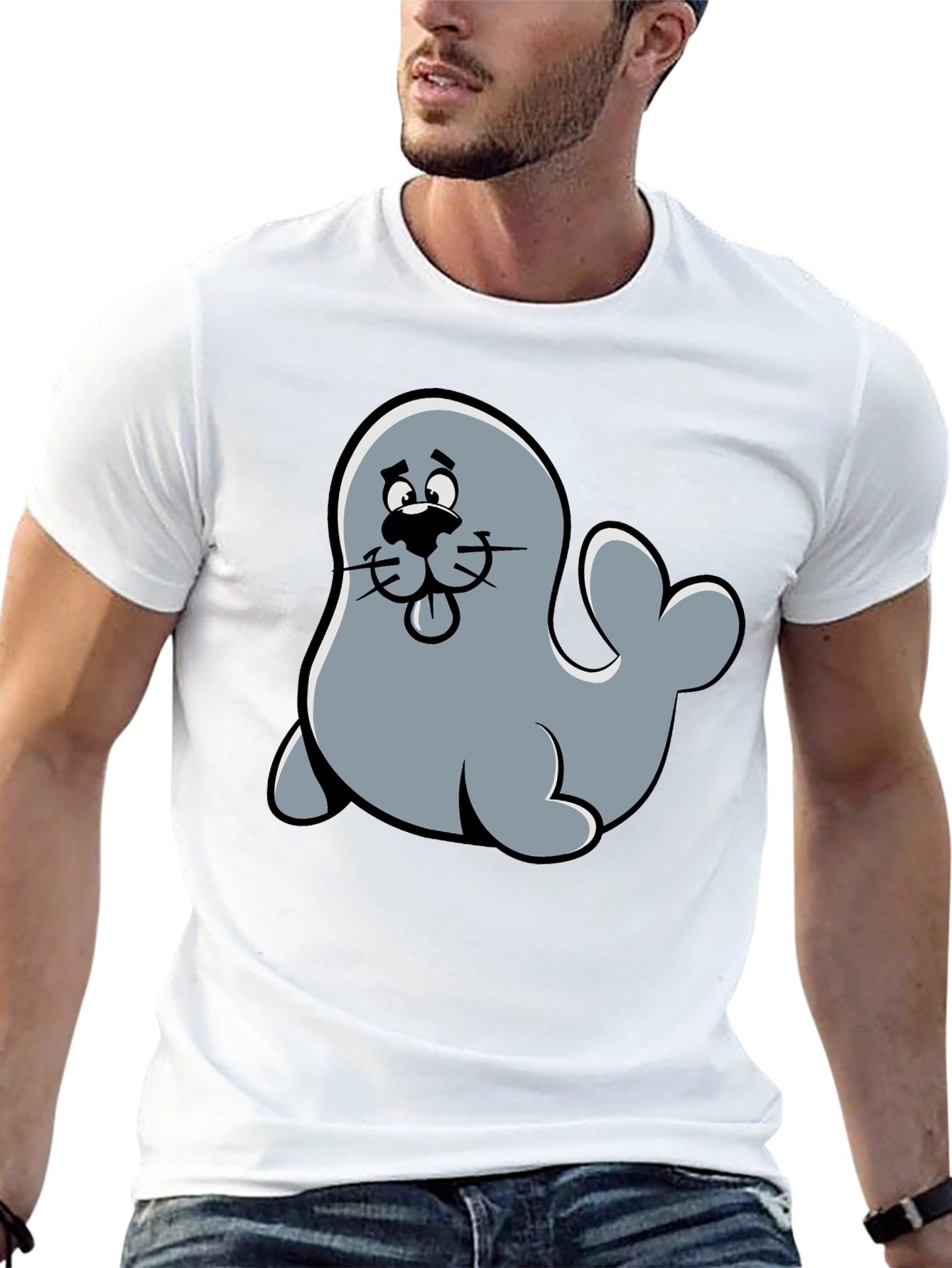 Cute Seal Cartoon Graphic Tee - Black