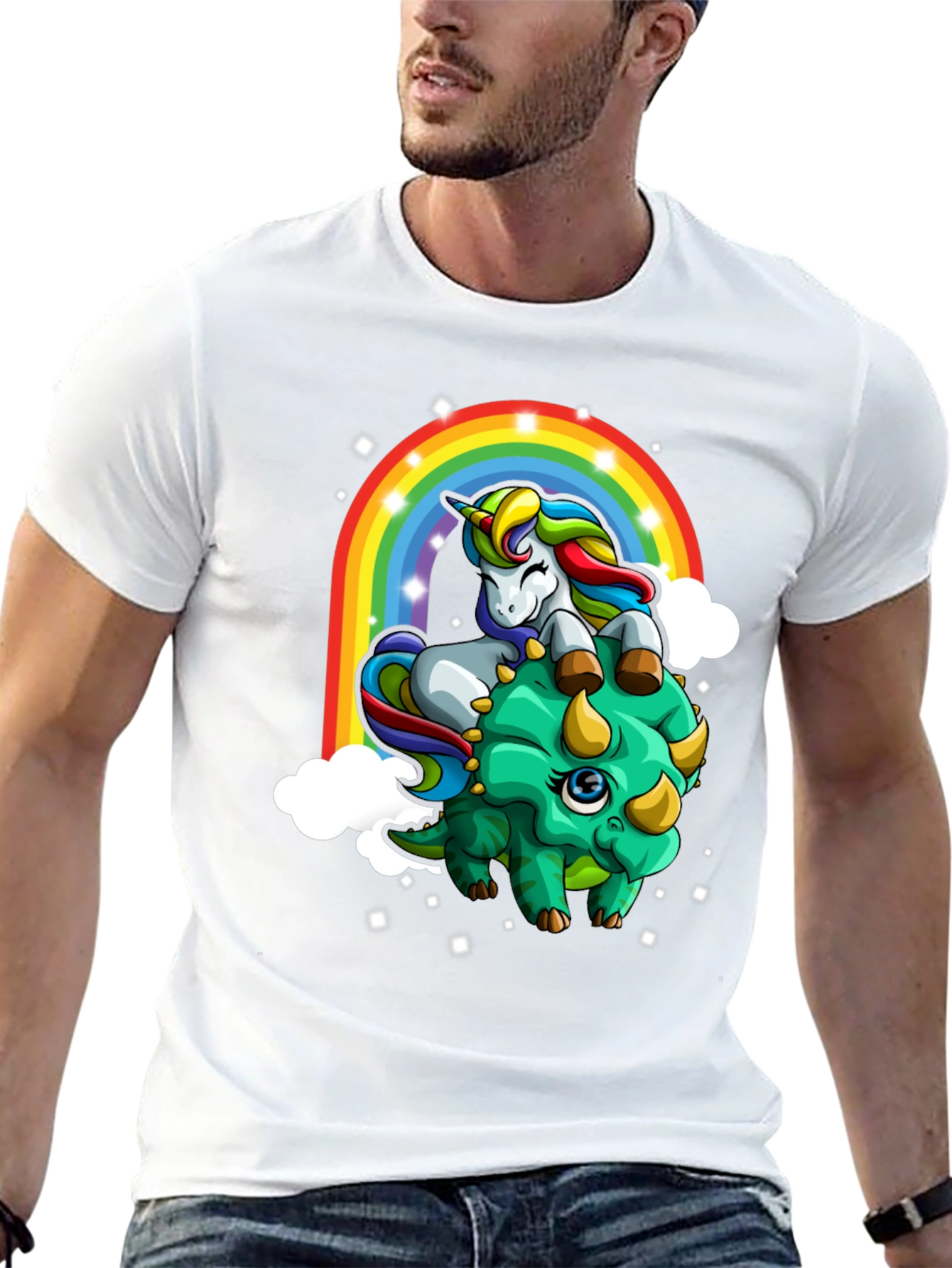 Unicorn Riding Triceratops Rainbow T-Shirt