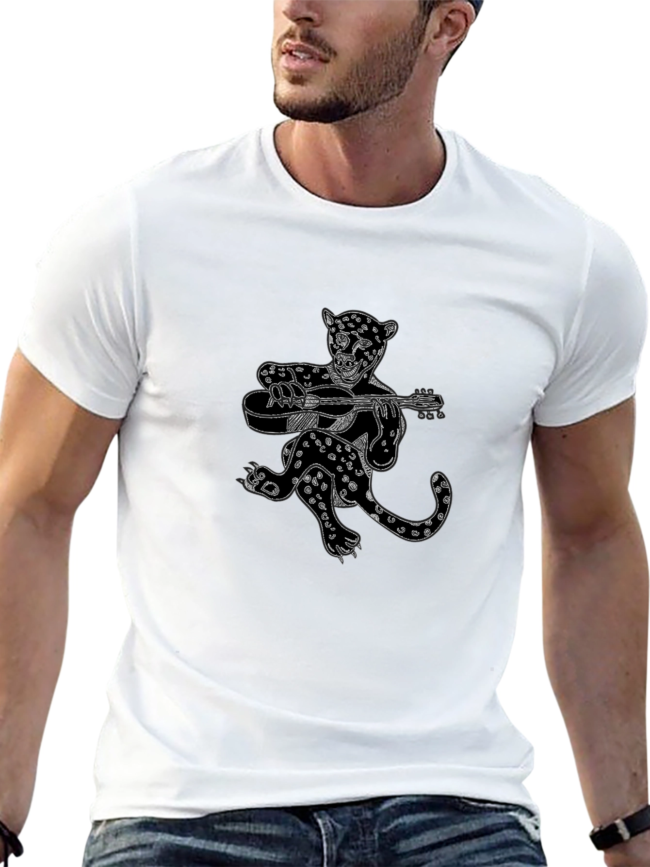 Black Graphic Tee - Leopard Guitar Player
