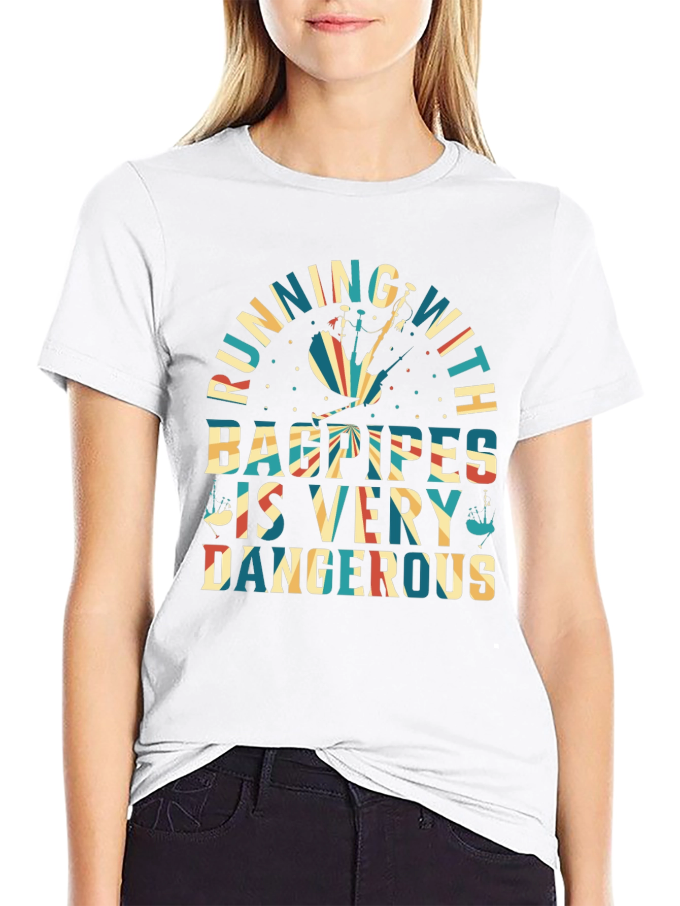 Bagpipes T-Shirt - Running With Bagpipes Design