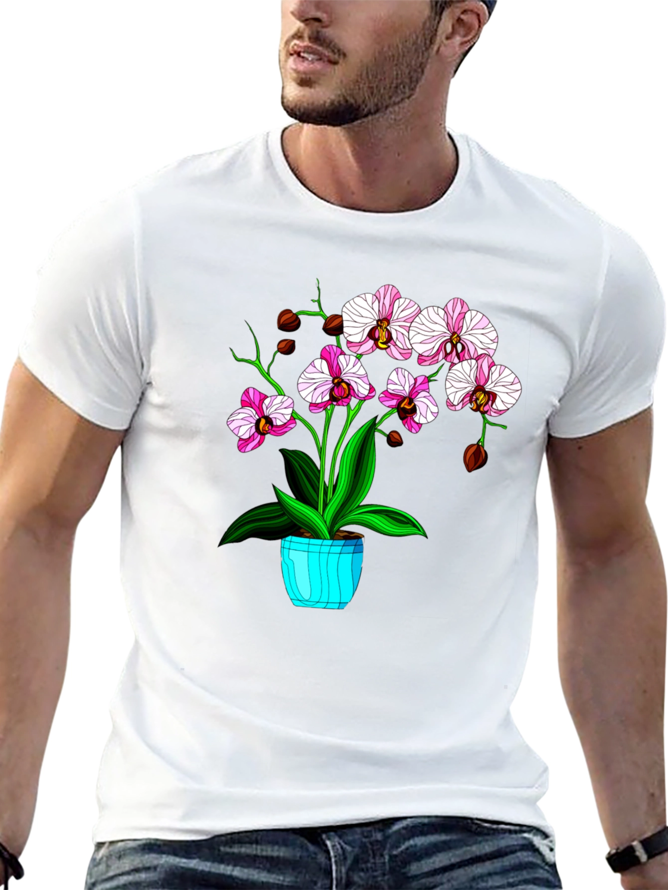 Floral T-Shirt with Orchid Plant Graphic
