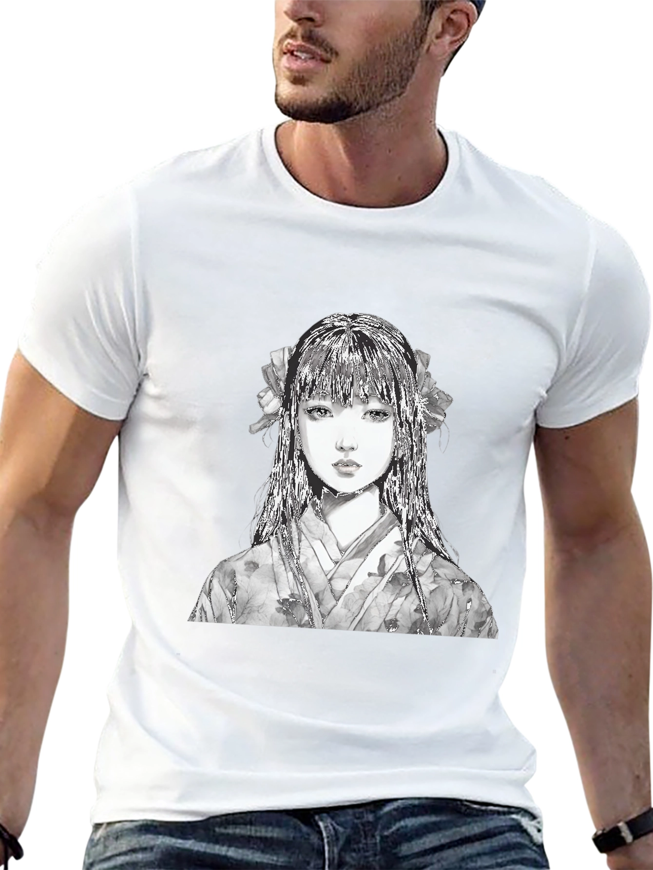 Anime Girl Portrait Black T-Shirt