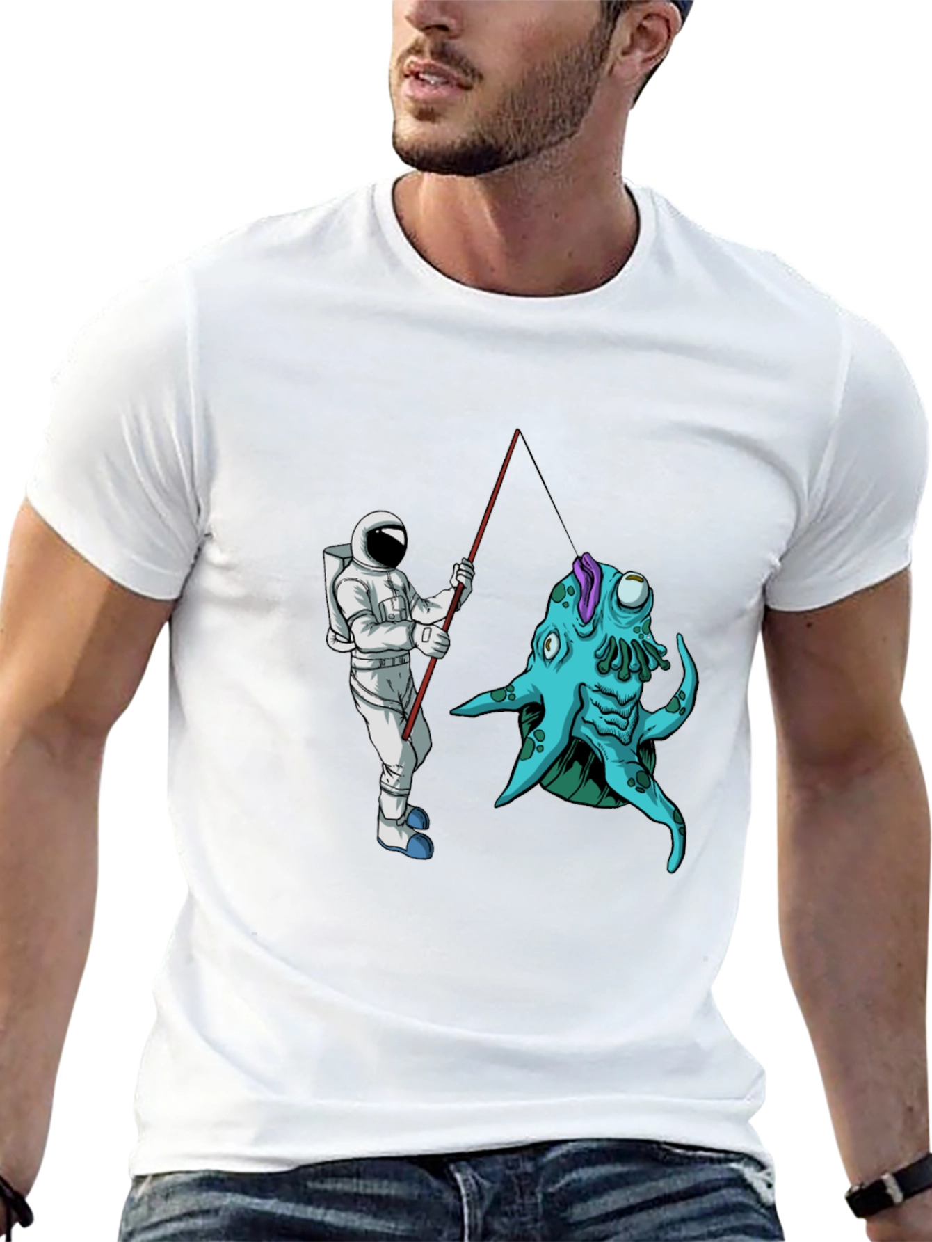 Astronaut Fishing Alien Creature Black T-Shirt