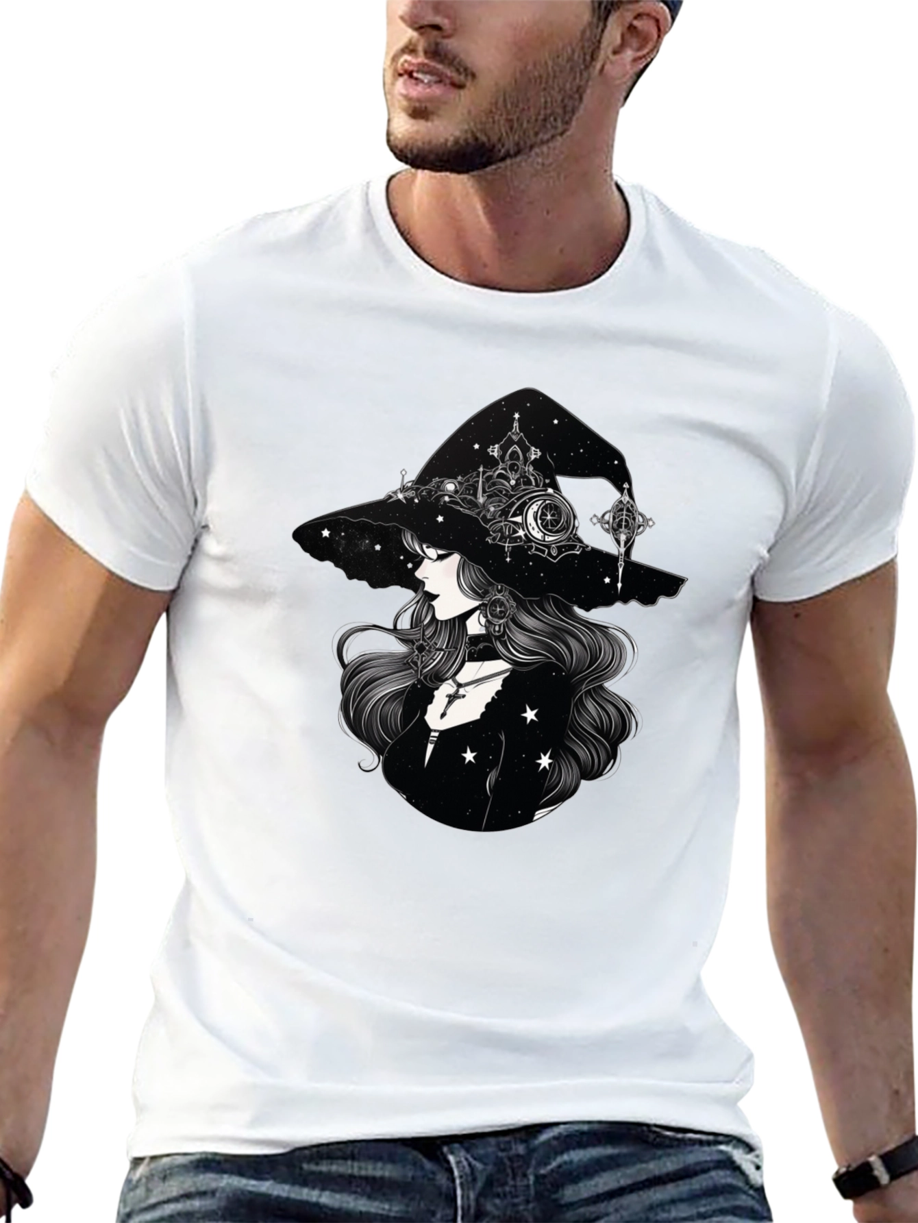 Celestial Witch Graphic Tee - Black Cotton Shirt