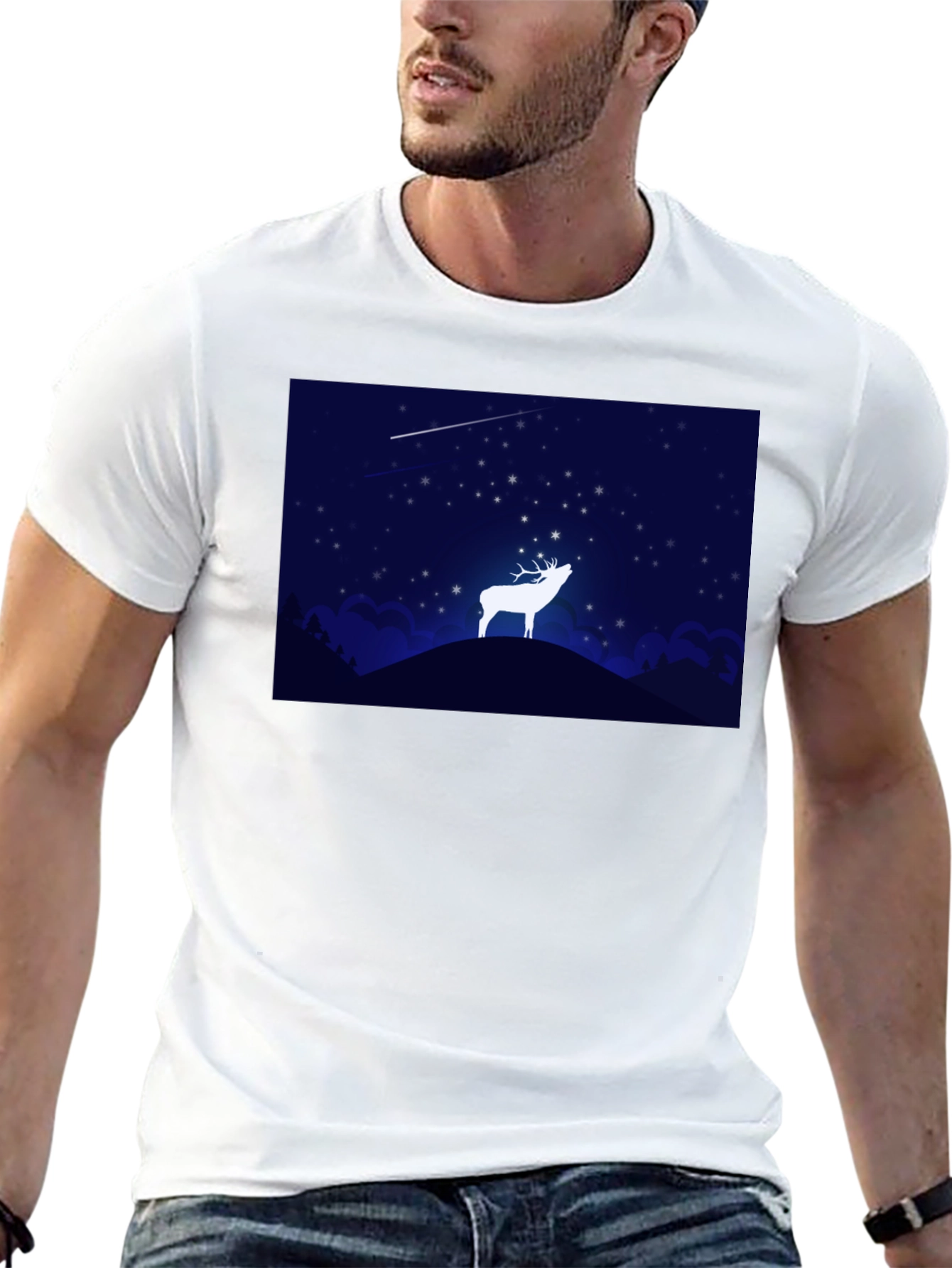 Starry Night Deer Graphic Black T-Shirt