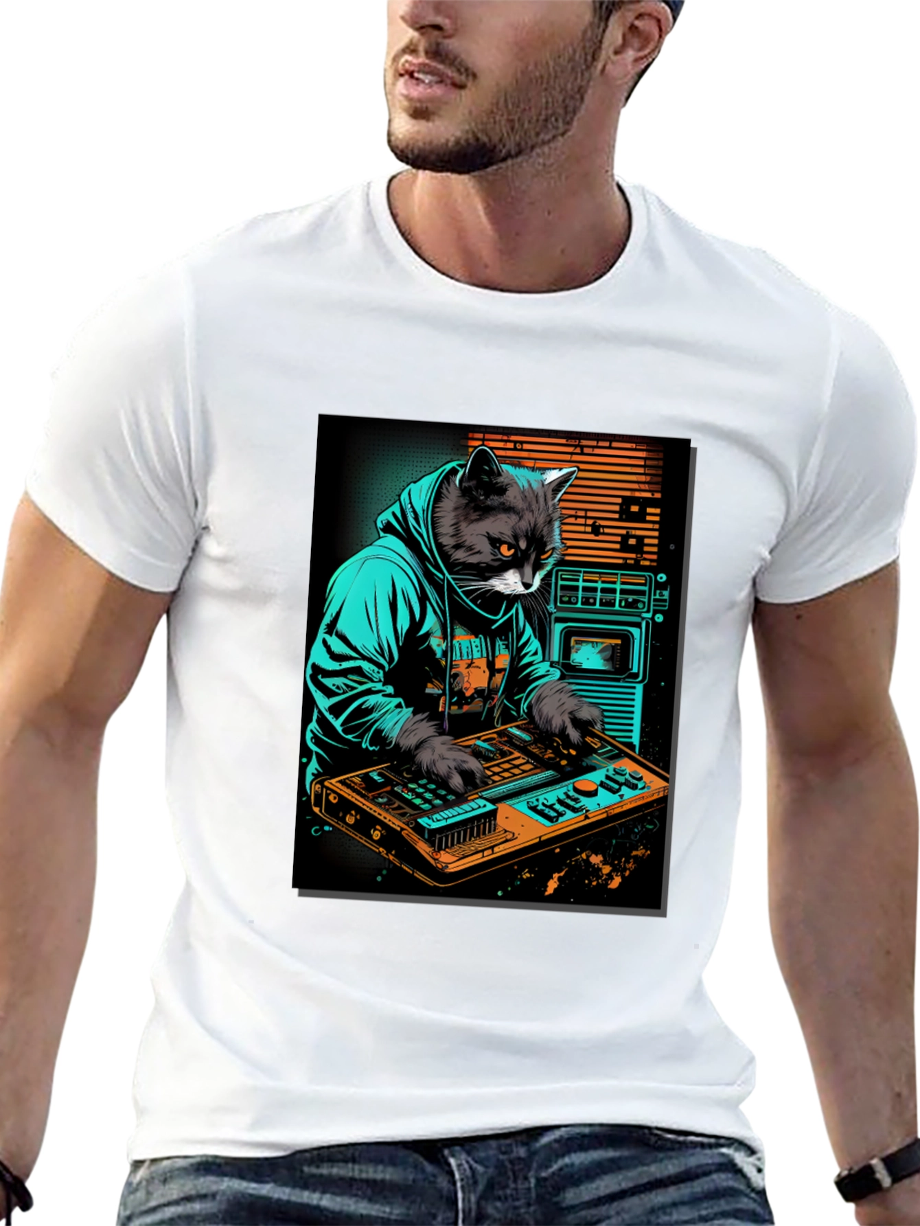 Cat DJ Graphic Tee - Cool Black T-Shirt