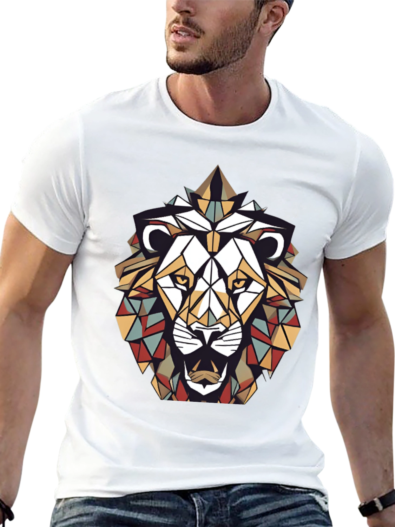Geometric Lion Graphic Tee - Stylish Mens Black T-Shirt