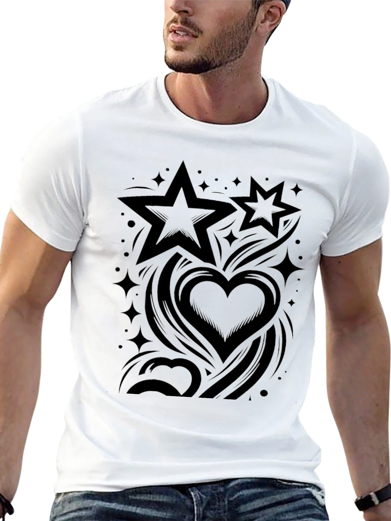 Stylish Black Graphic Tee - Stars & Hearts Design