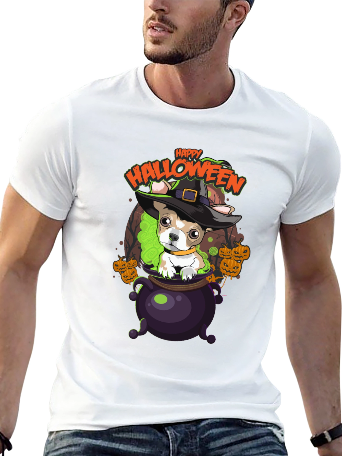 Happy Halloween Dog in Cauldron T-Shirt
