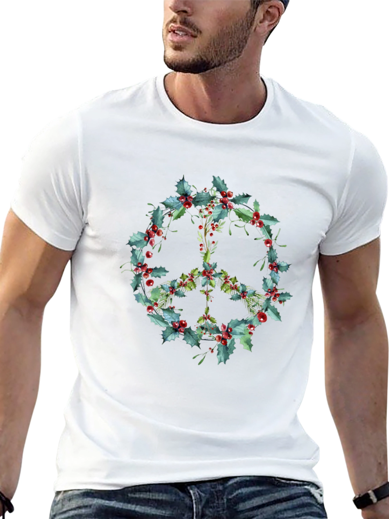 Peace Sign Holly Berry Wreath Graphic Tee