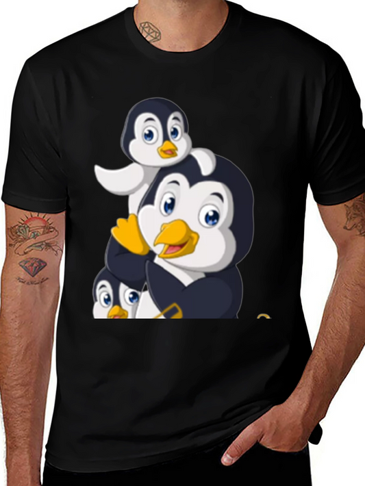 Penguin Family Graphic Tee - Black Cotton T-Shirt
