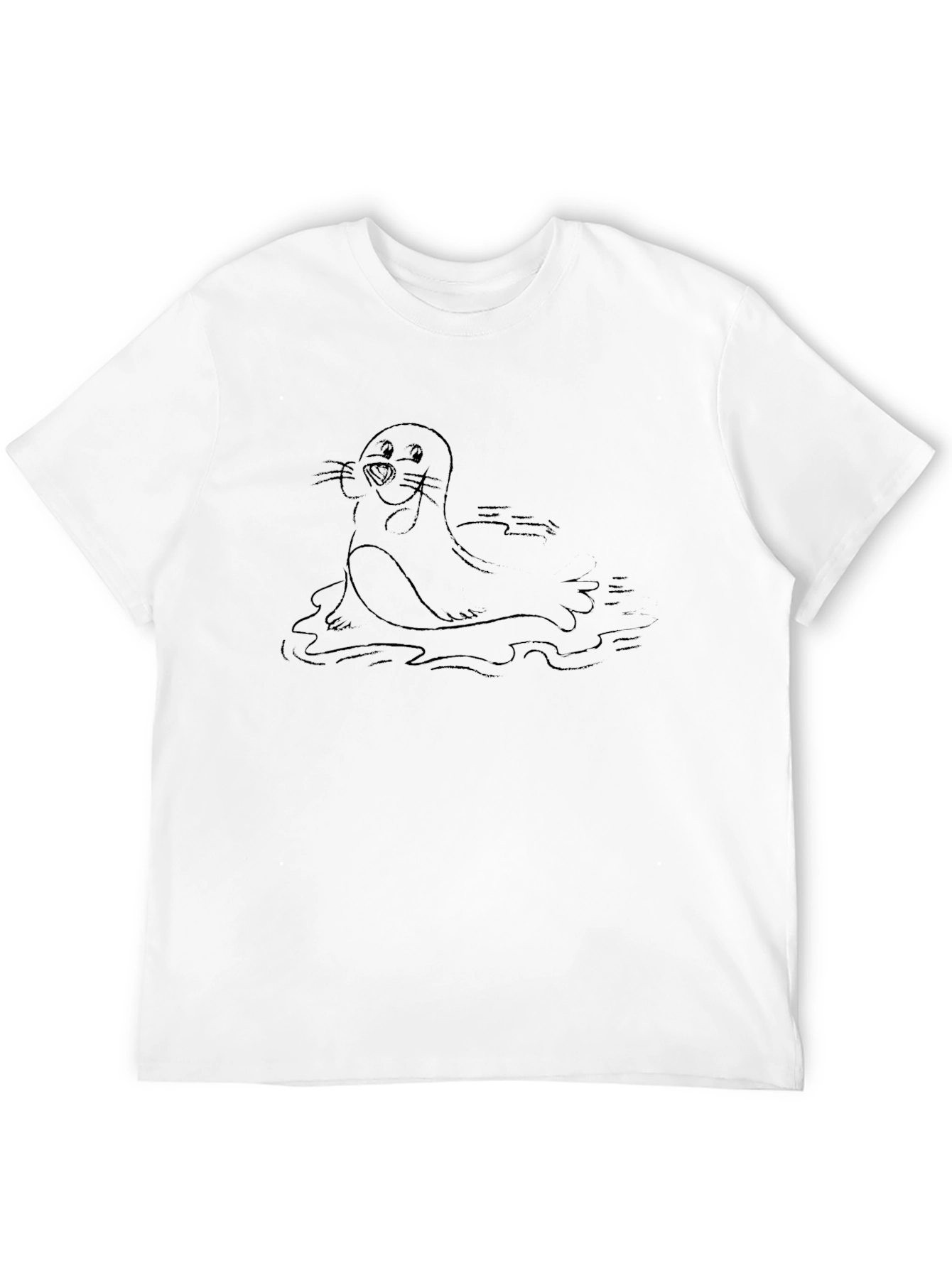 Cartoon Seal Graphic Tee - Soft Black Cotton Blend
