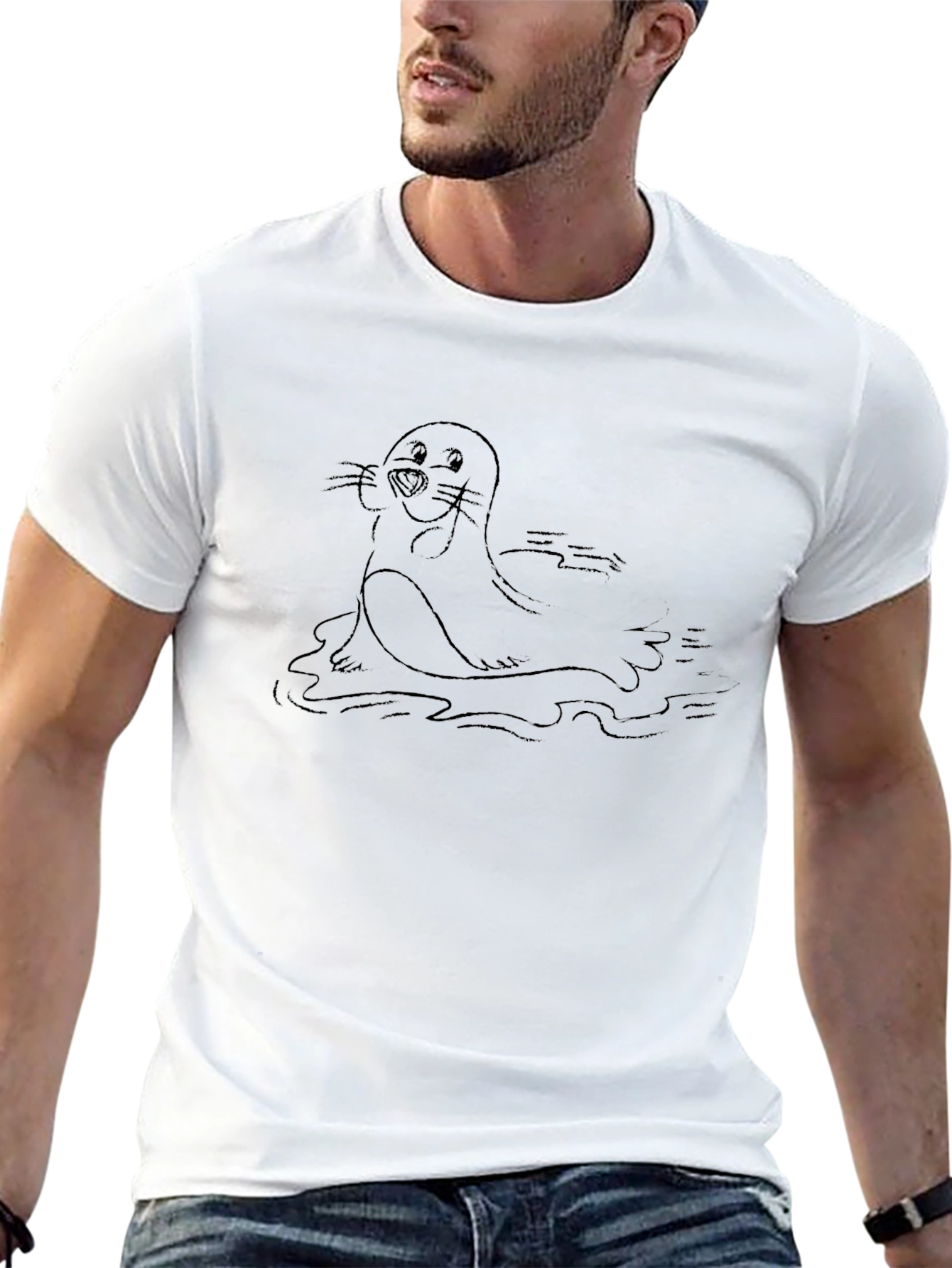 Cartoon Seal Graphic Tee - Soft Black Cotton Blend