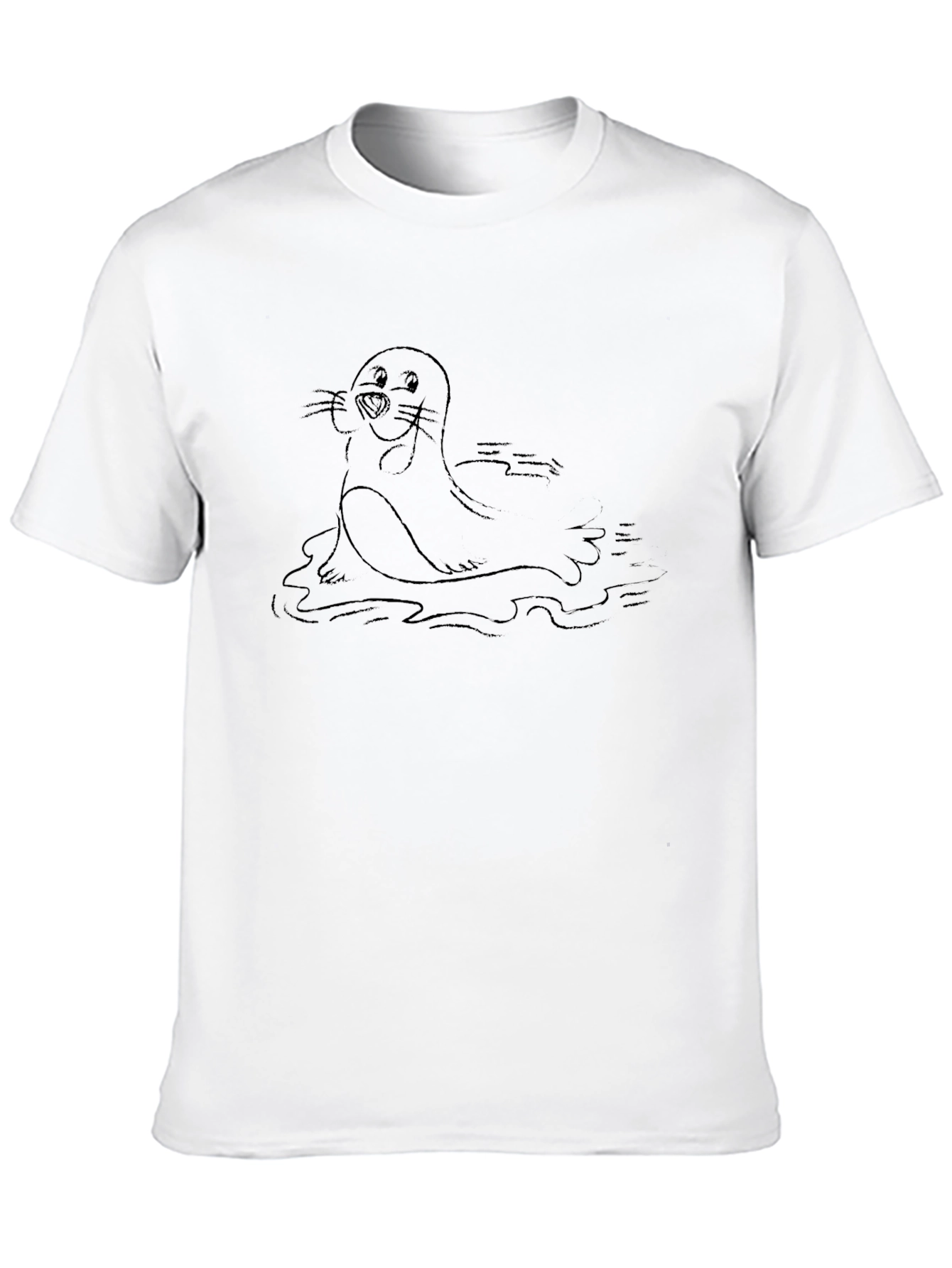 Cartoon Seal Graphic Tee - Soft Black Cotton Blend