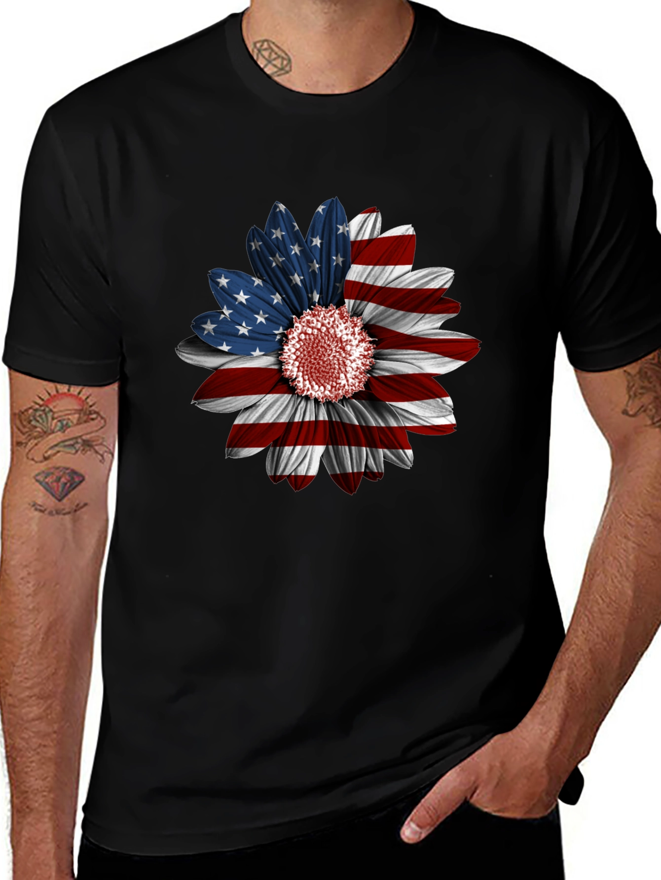 American Flag Sunflower Graphic Tee - Patriotic Style