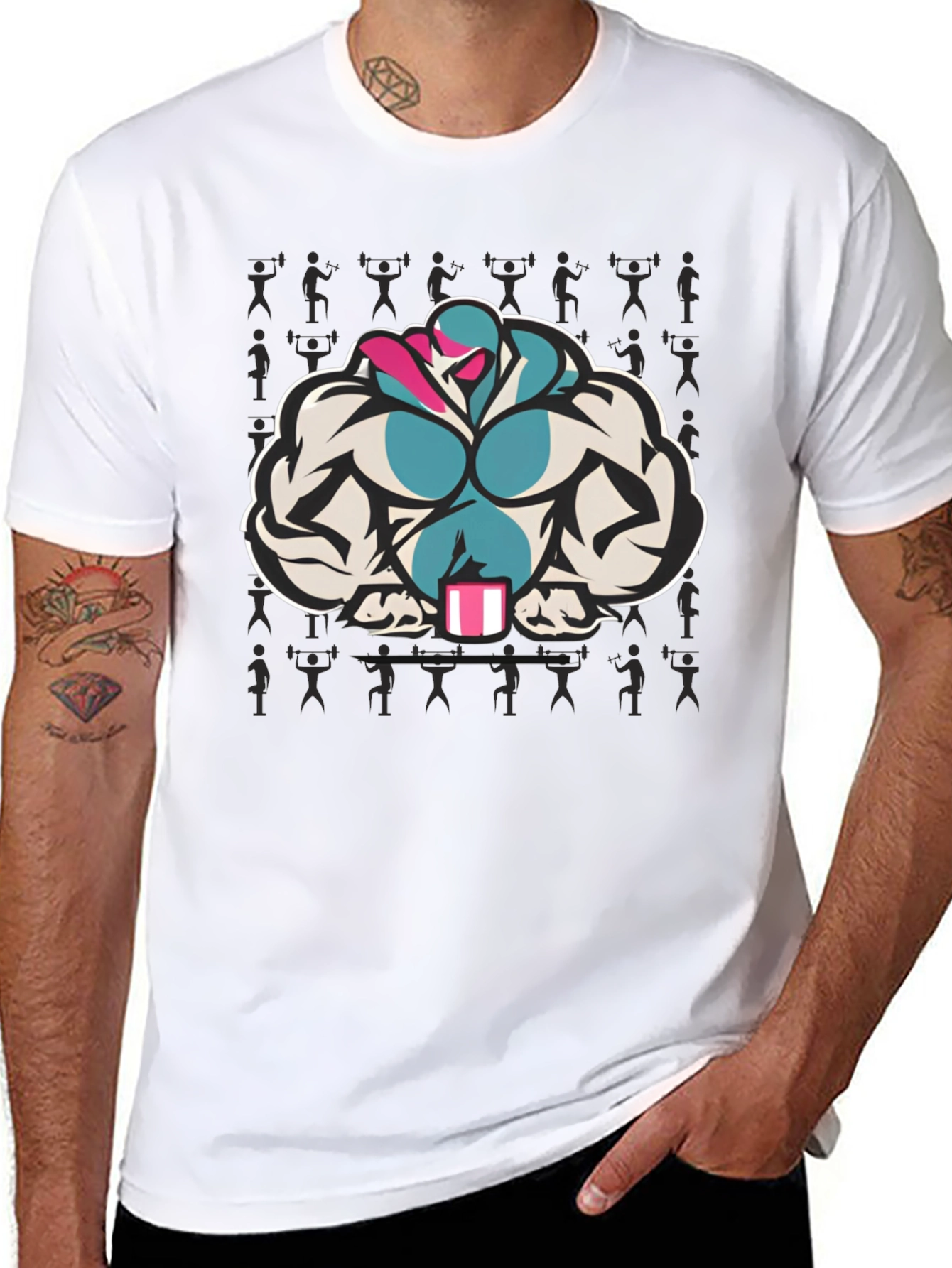Black T-Shirt with Muscular Cartoon Graphic
