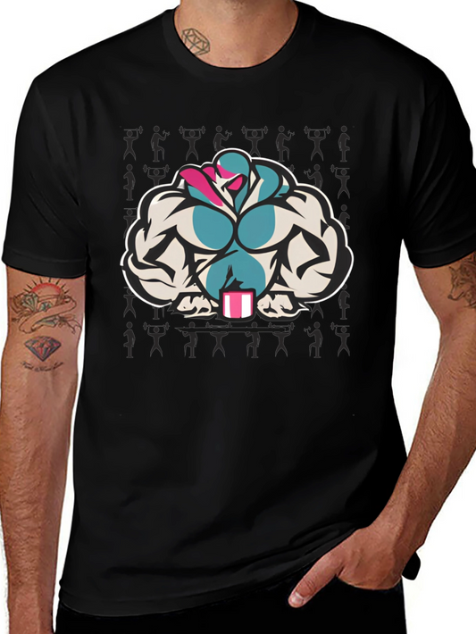 Black T-Shirt with Muscular Cartoon Graphic