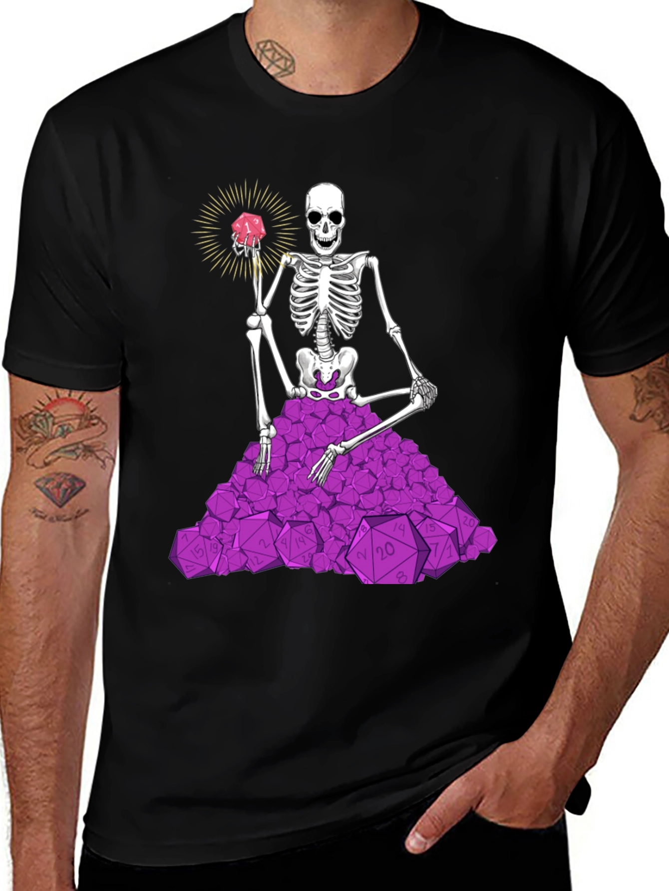 Skeleton & D20 Dice T-Shirt - Unique Gamer Apparel