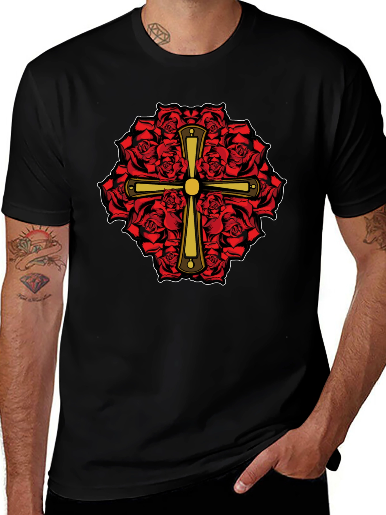Rose & Cross Graphic T-Shirt - Black
