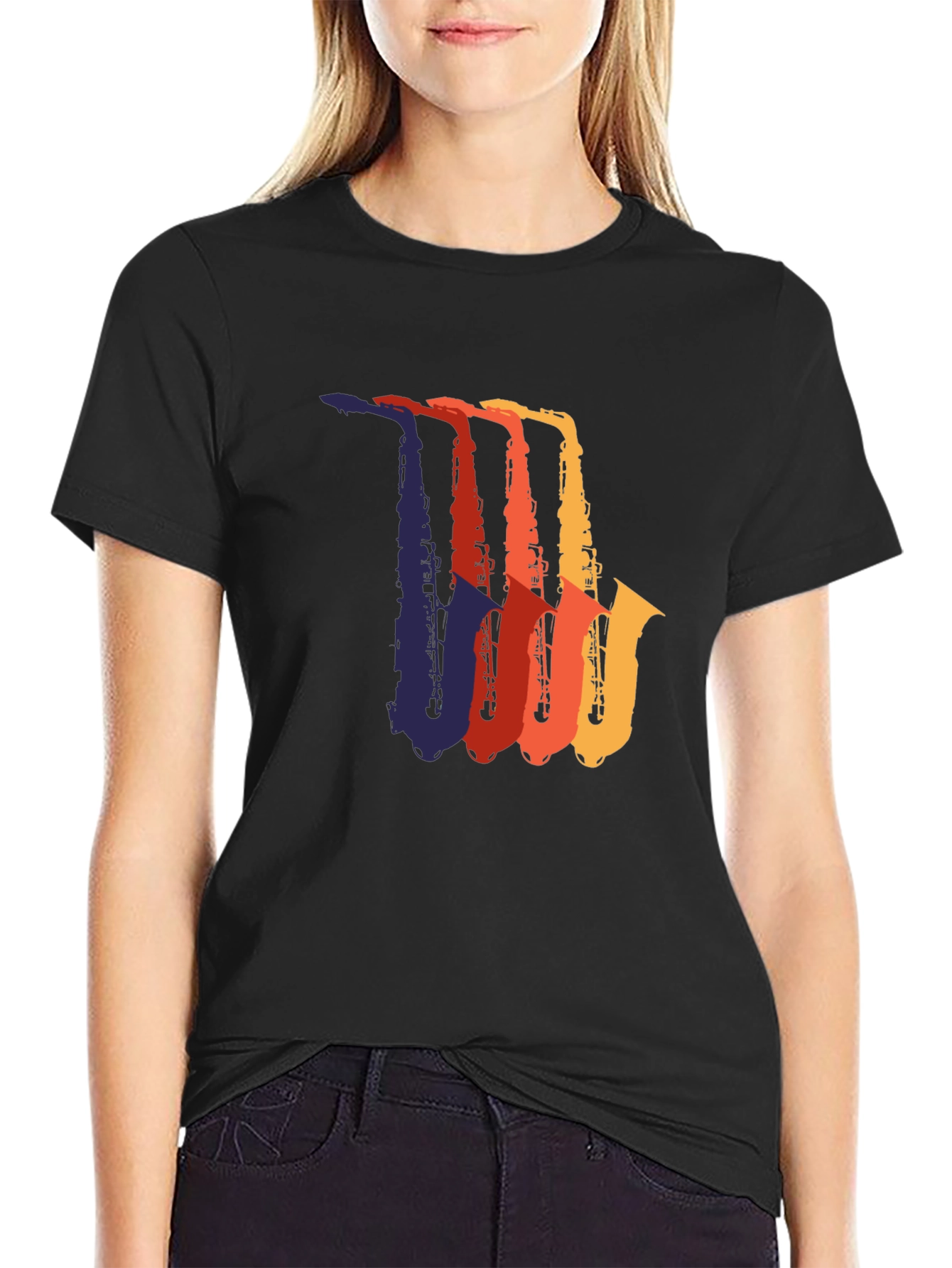 Retro Saxophone Graphic Tee - Black Cotton T-Shirt