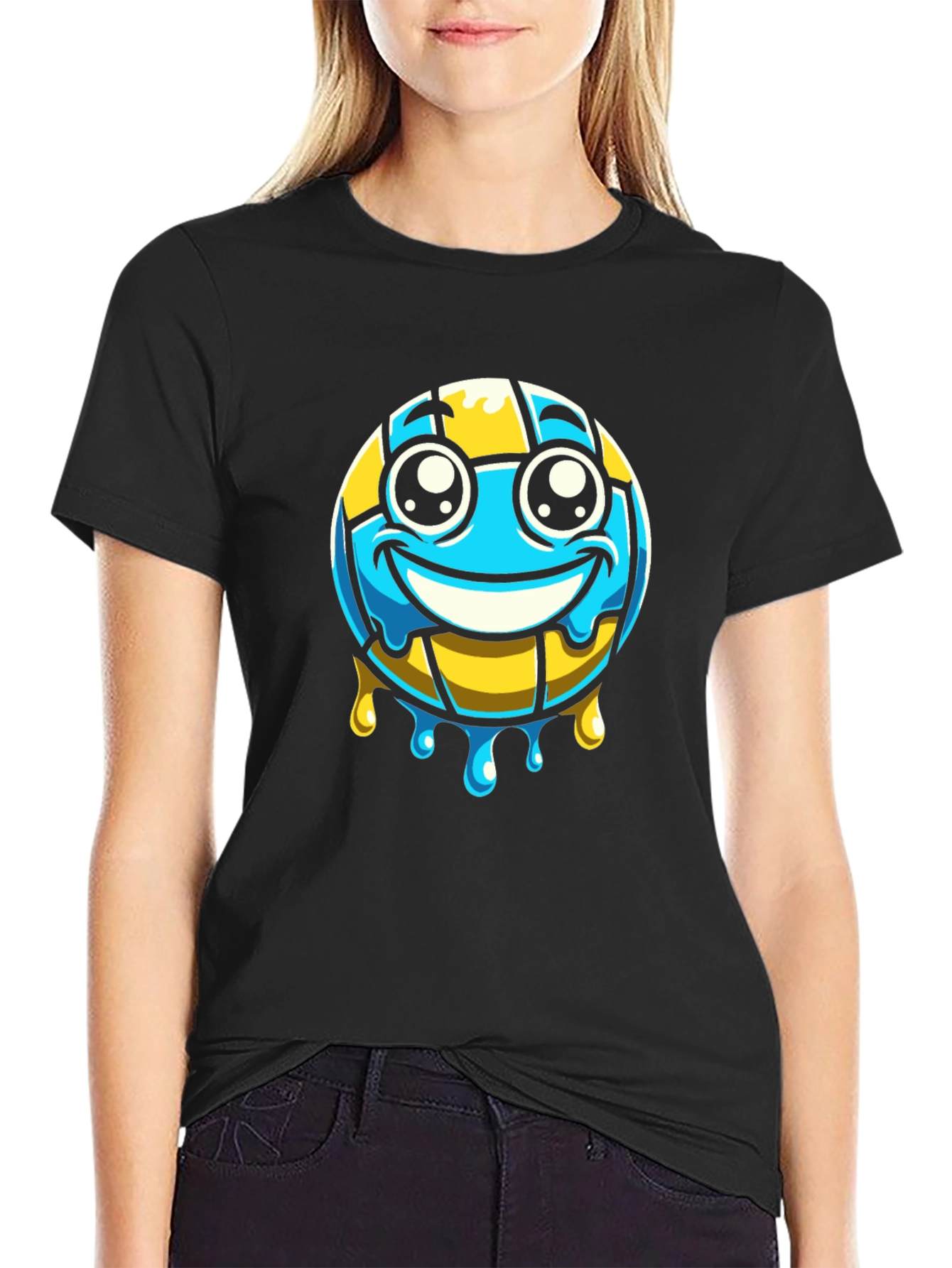 Volleyball Smiley Face Graphic T-Shirt - Black